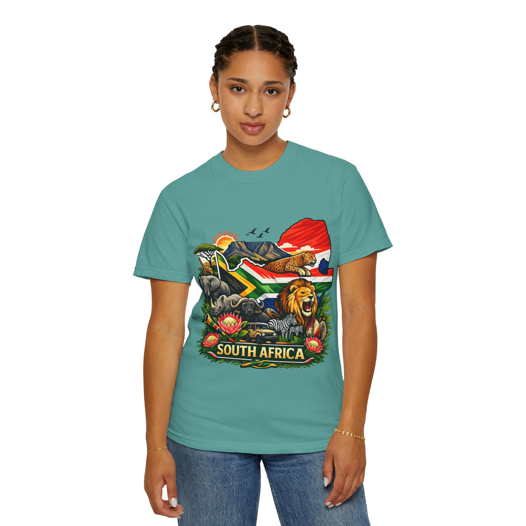 South Africa Wildlife Graphic T-Shirt — Lion, Rhino & Protea Design