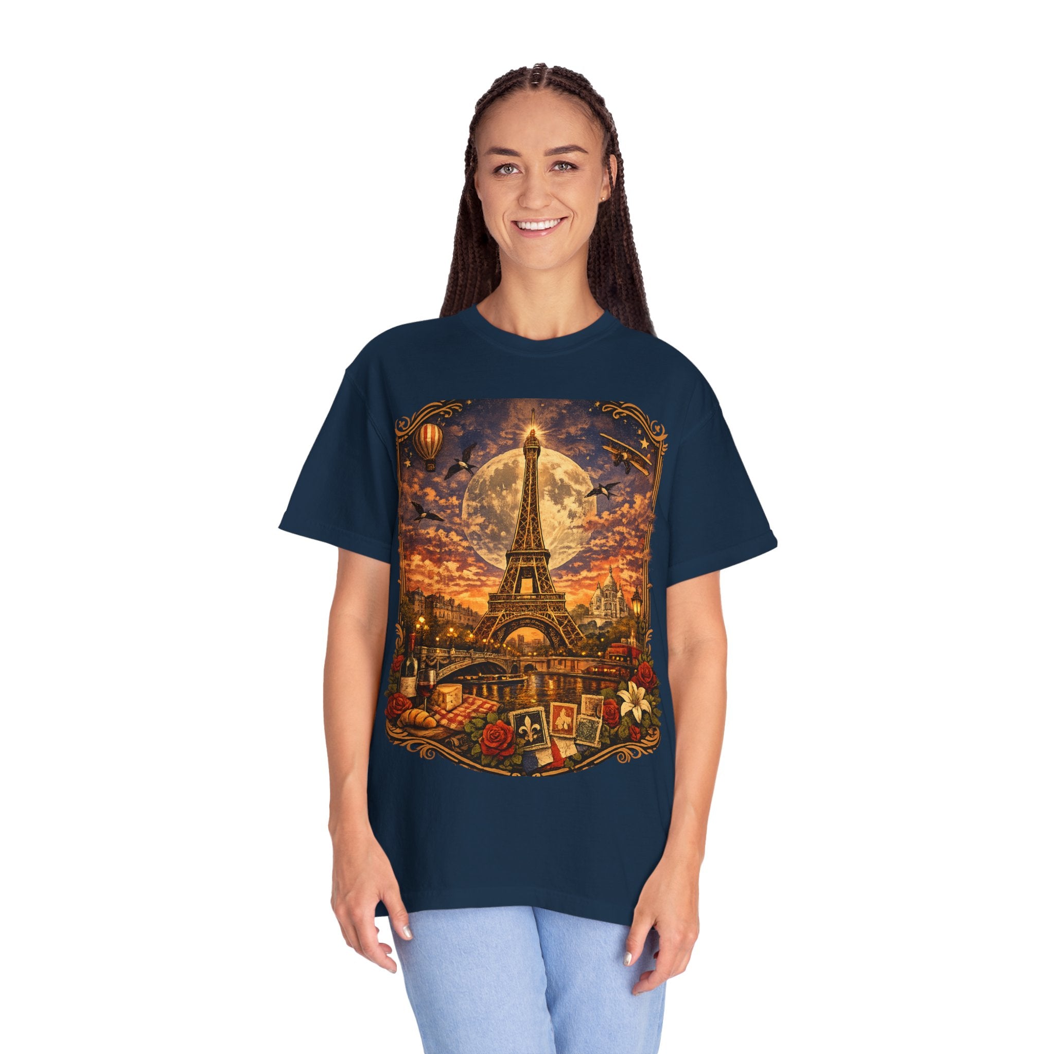 Eiffel Tower Paris Vintage Travel T-Shirt — Moonlit Scenic Souvenir Tee