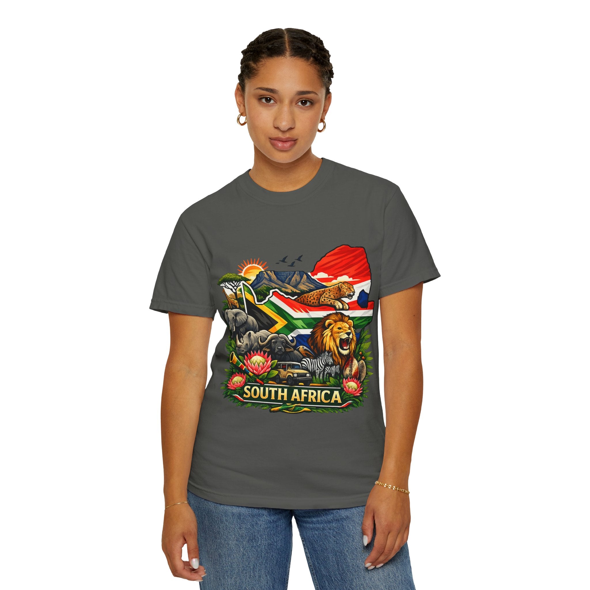 South Africa Wildlife Graphic T-Shirt — Lion, Rhino & Protea Design