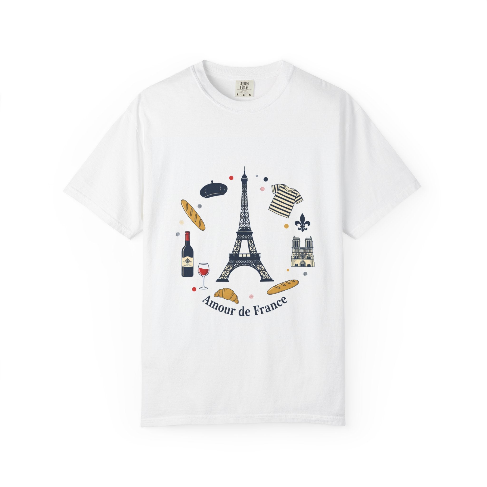 Amour de France T-Shirt — Paris Eiffel Tower Wine & Baguette Graphic