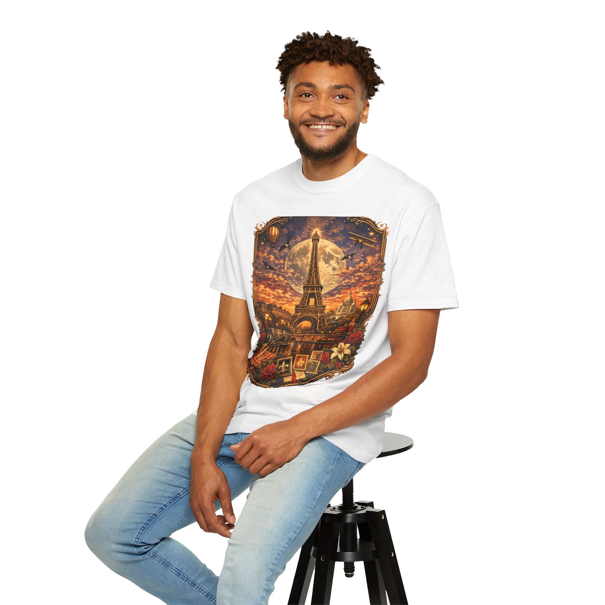 Eiffel Tower Paris Vintage Travel T-Shirt — Moonlit Scenic Souvenir Tee