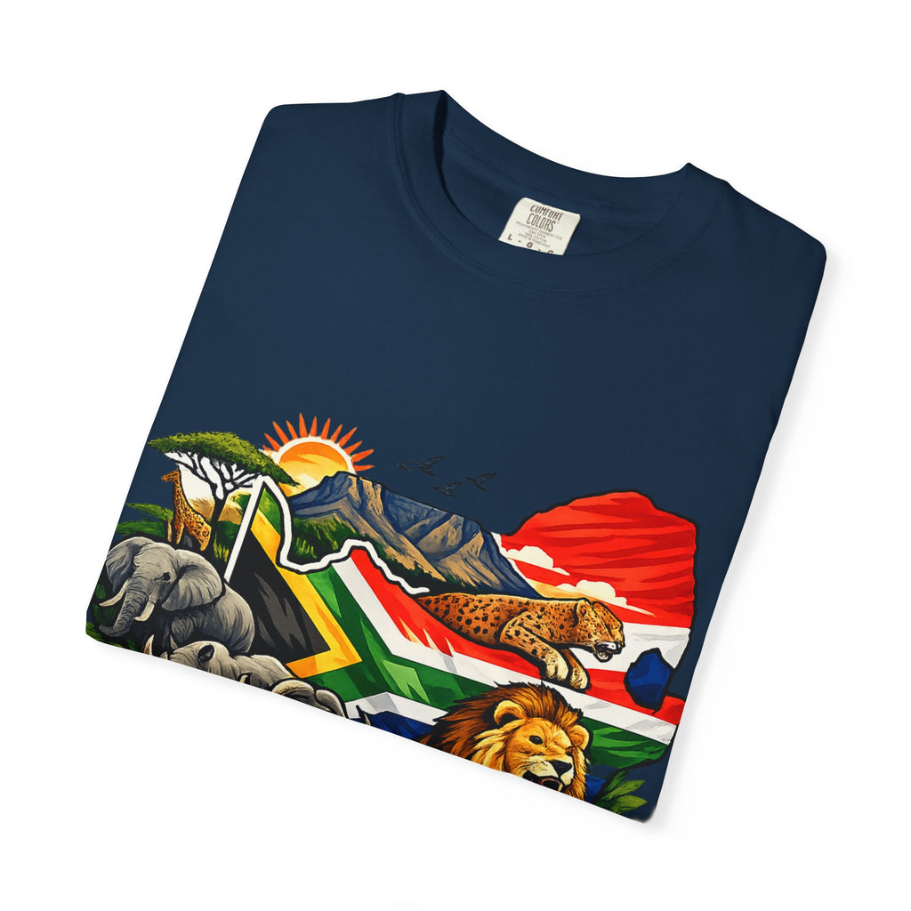 South Africa Wildlife Graphic T-Shirt — Lion, Rhino & Protea Design