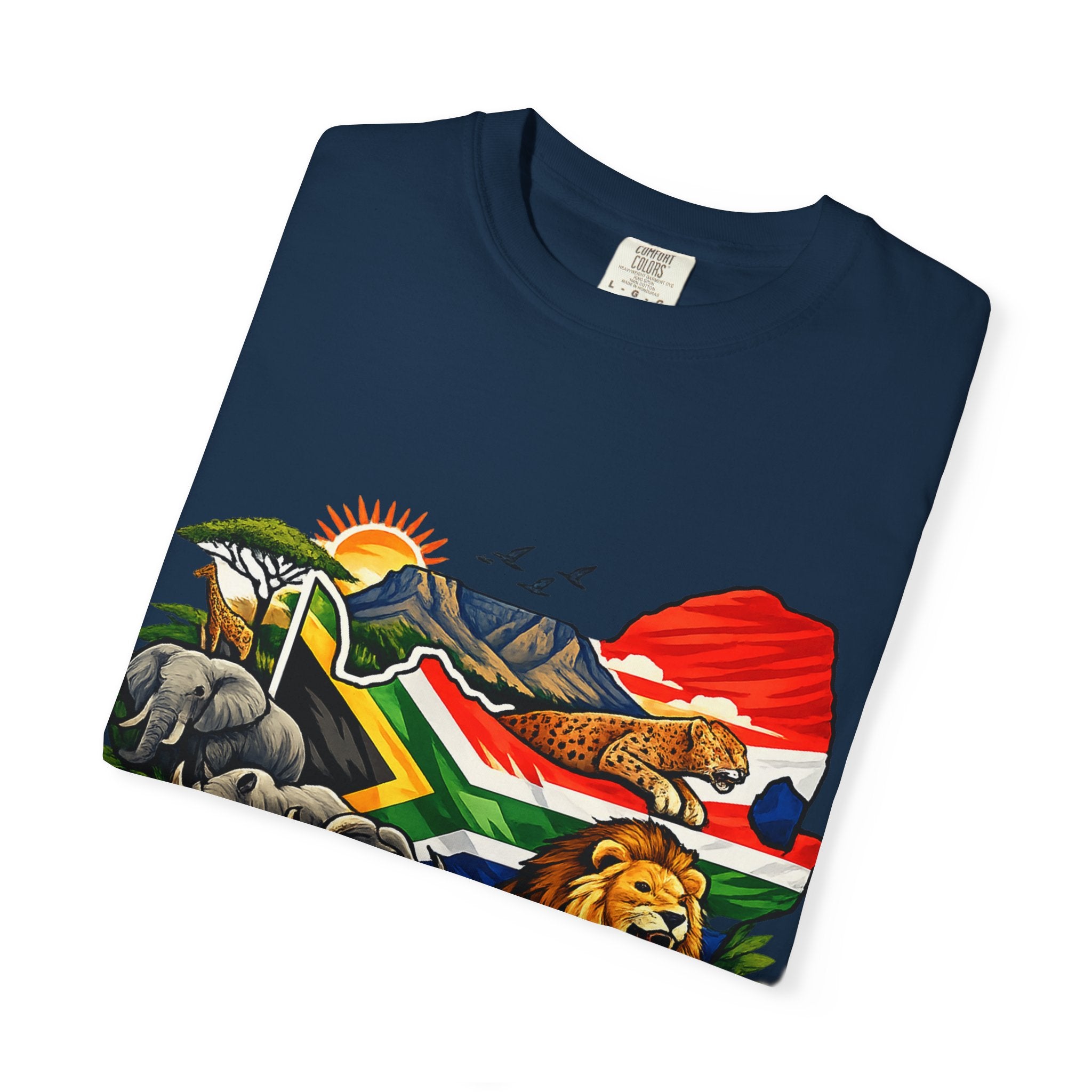 South Africa Wildlife Graphic T-Shirt — Lion, Rhino & Protea Design