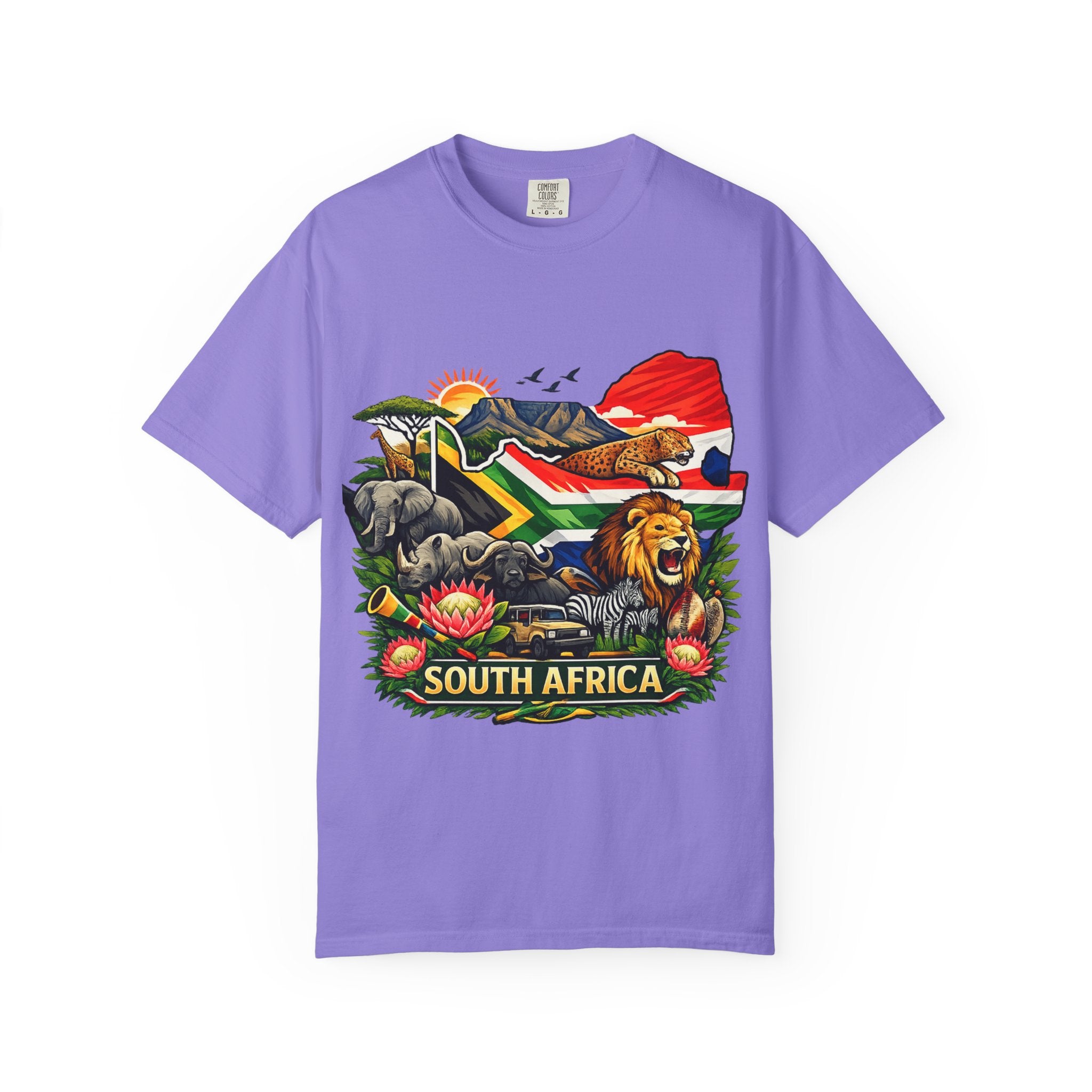 South Africa Wildlife Graphic T-Shirt — Lion, Rhino & Protea Design