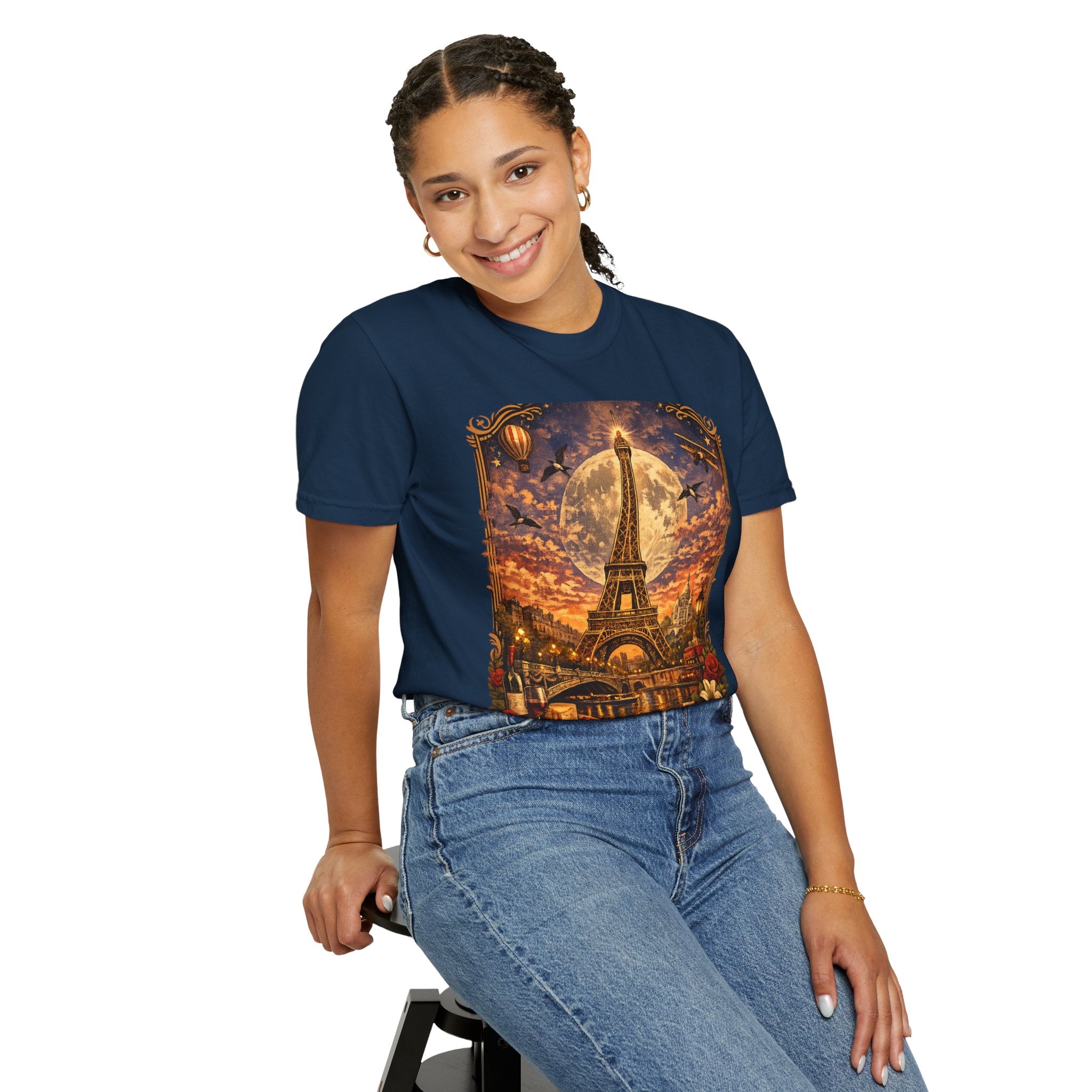 Eiffel Tower Paris Vintage Travel T-Shirt — Moonlit Scenic Souvenir Tee