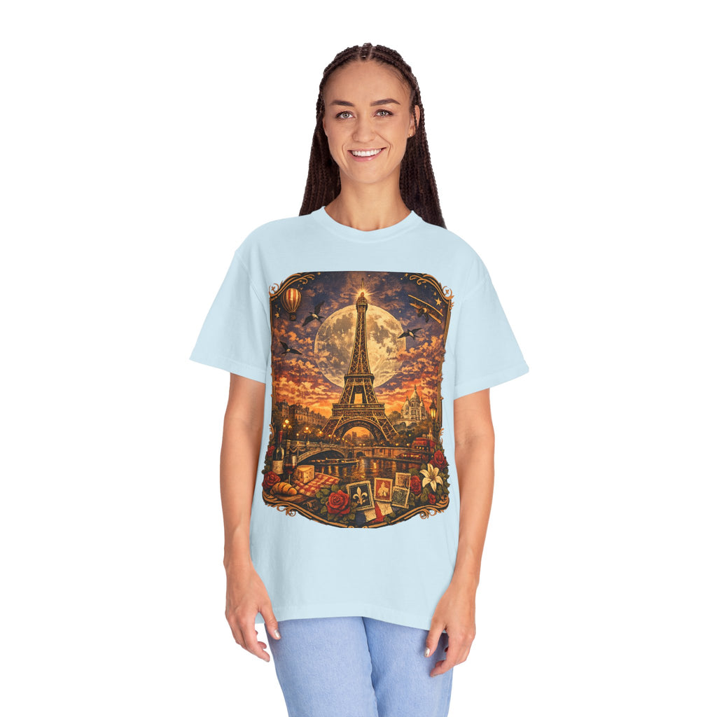 Eiffel Tower Paris Vintage Travel T-Shirt — Moonlit Scenic Souvenir Tee
