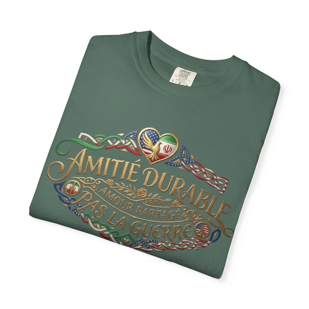 T-Shirt — "Amitié Durable, Amour Partagé, Pas la Guerre" Vintage Peace Heart Design