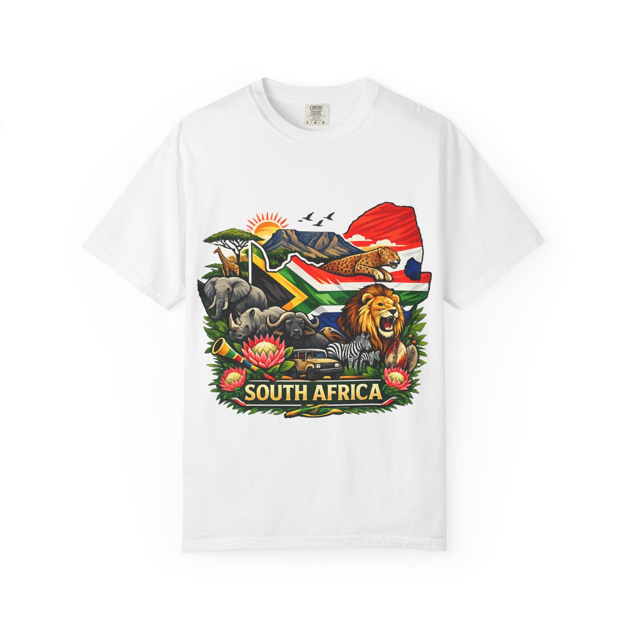 South Africa Wildlife Graphic T-Shirt — Lion, Rhino & Protea Design