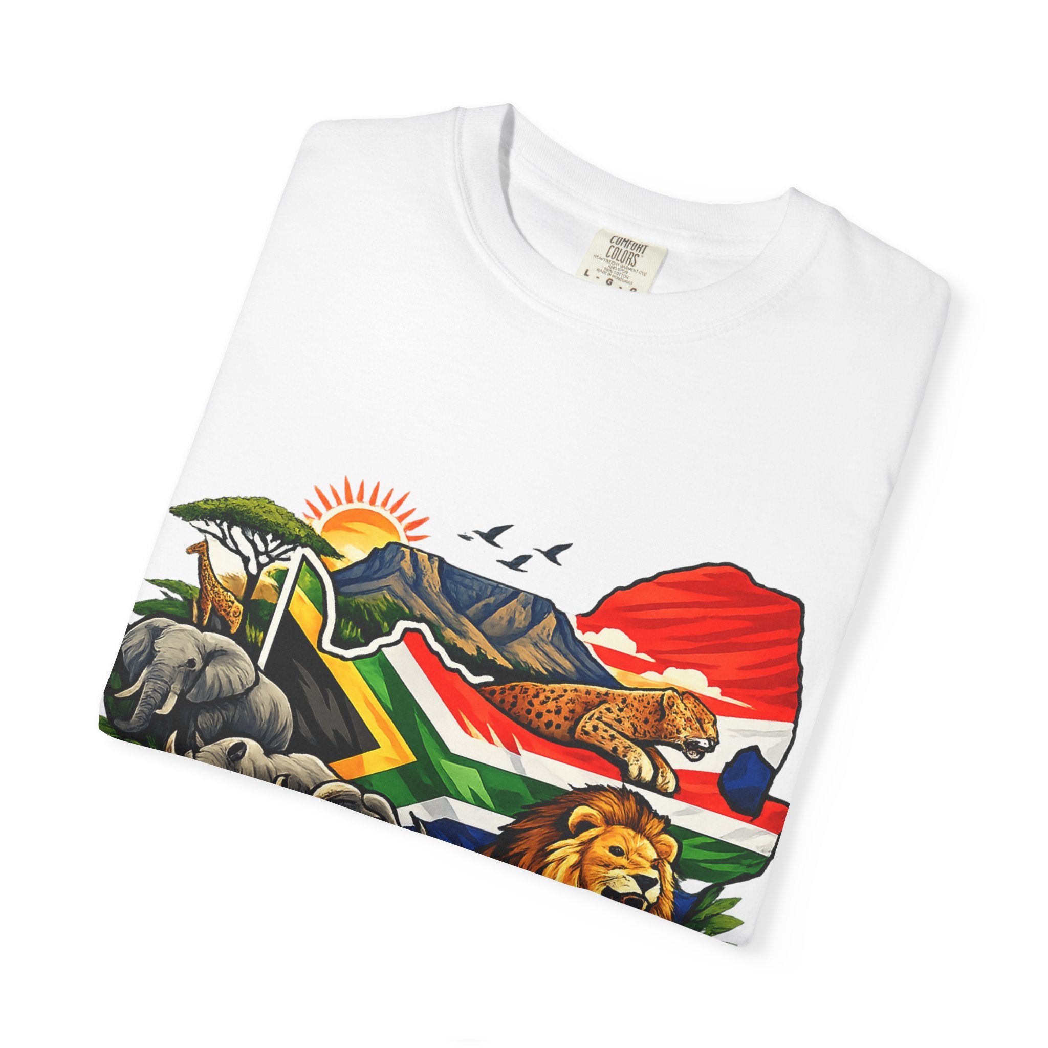 South Africa Wildlife Graphic T-Shirt — Lion, Rhino & Protea Design