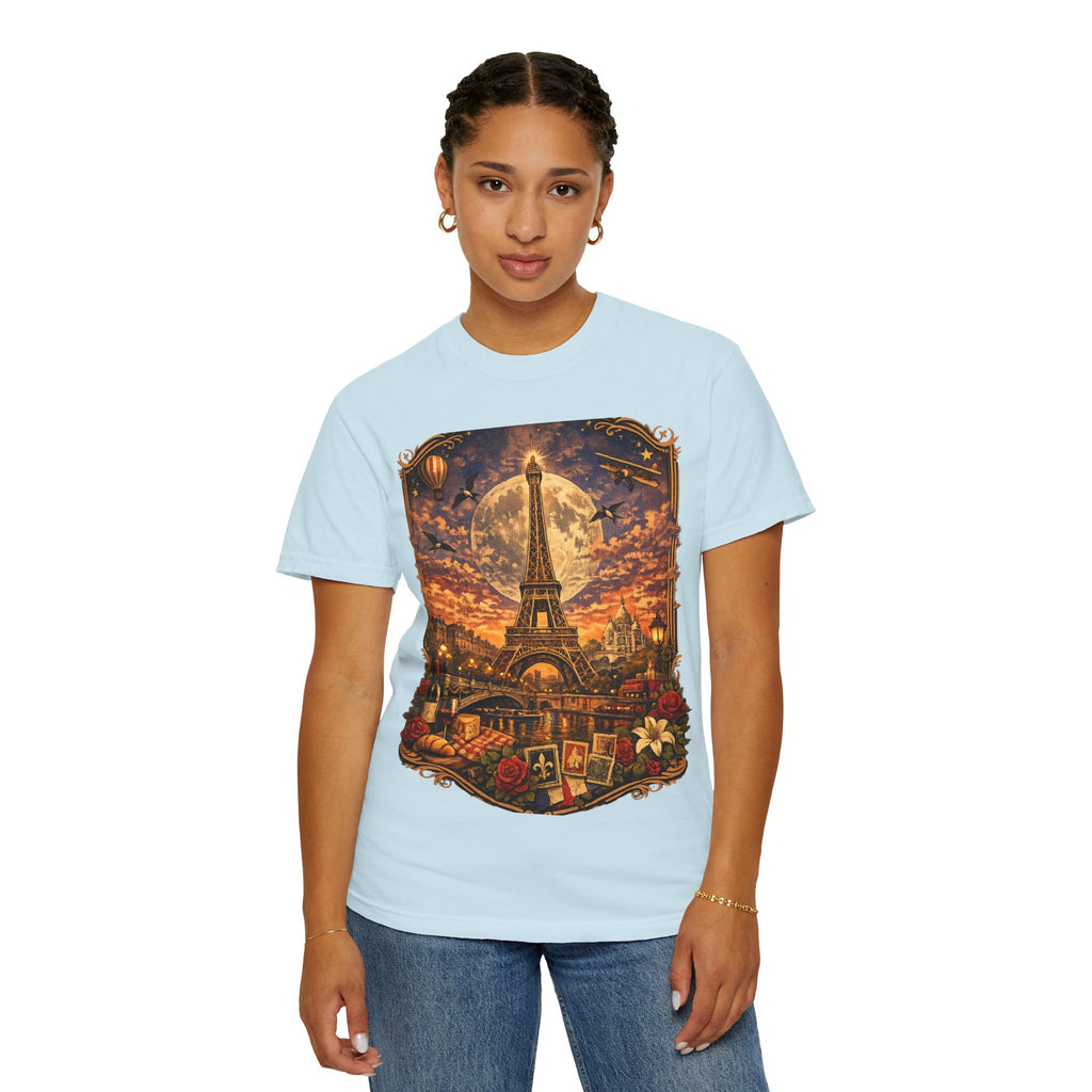 Eiffel Tower Paris Vintage Travel T-Shirt — Moonlit Scenic Souvenir Tee