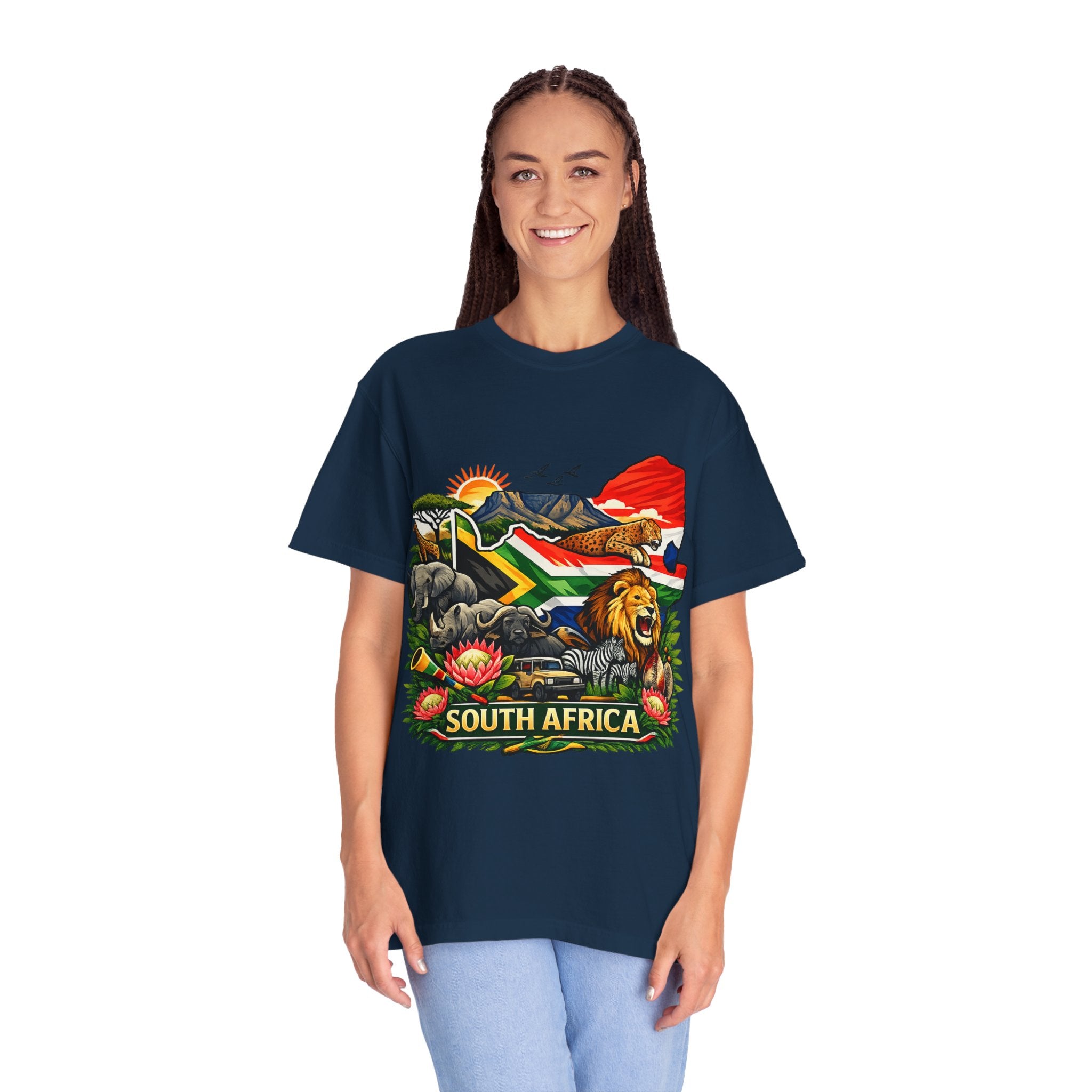 South Africa Wildlife Graphic T-Shirt — Lion, Rhino & Protea Design