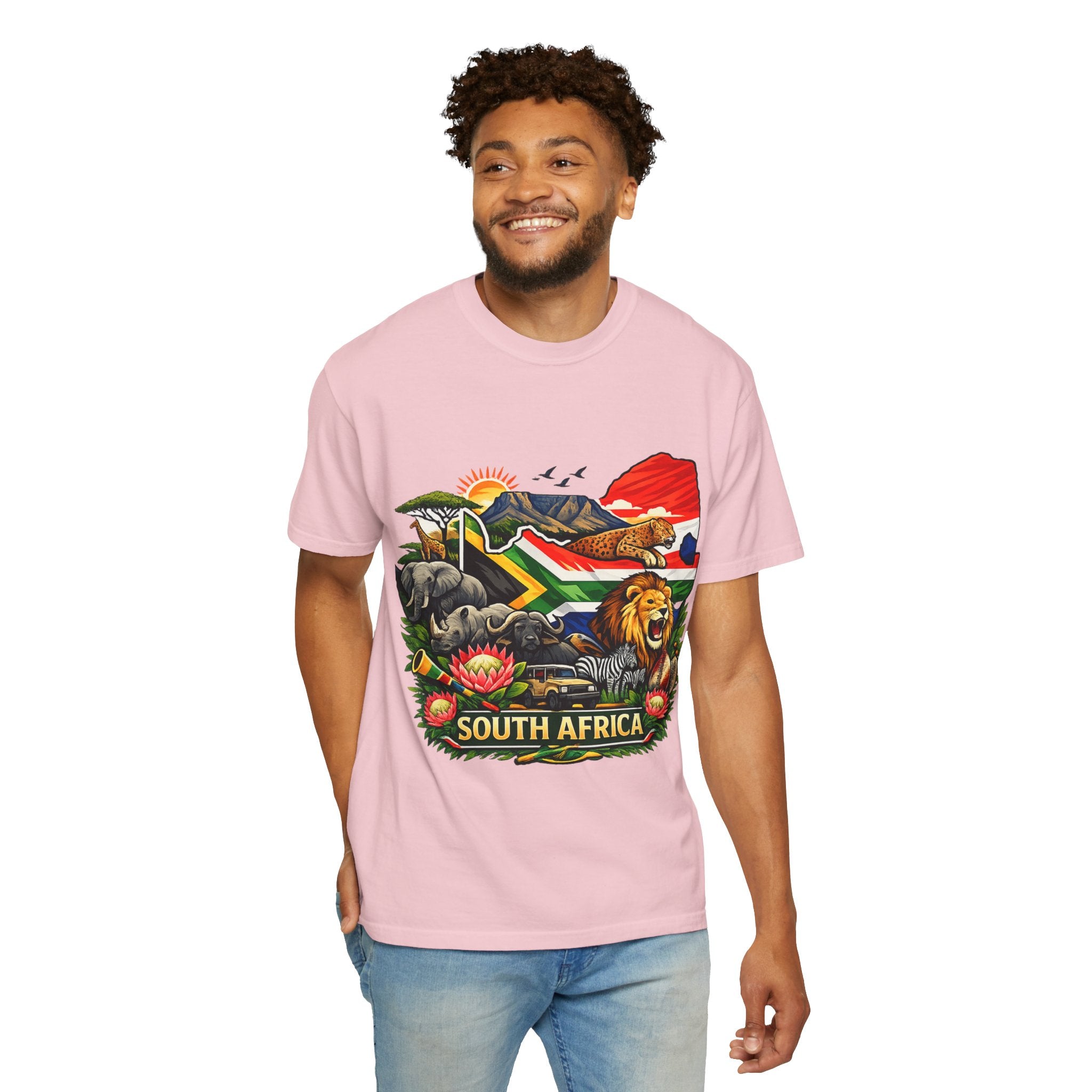 South Africa Wildlife Graphic T-Shirt — Lion, Rhino & Protea Design