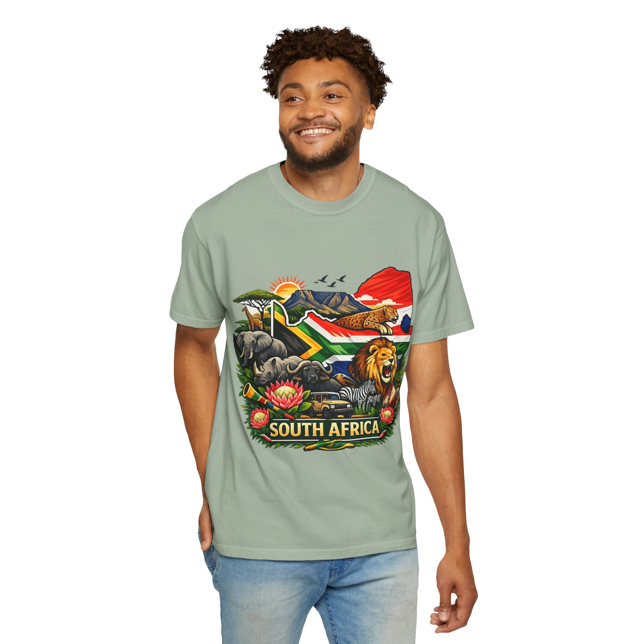 South Africa Wildlife Graphic T-Shirt — Lion, Rhino & Protea Design