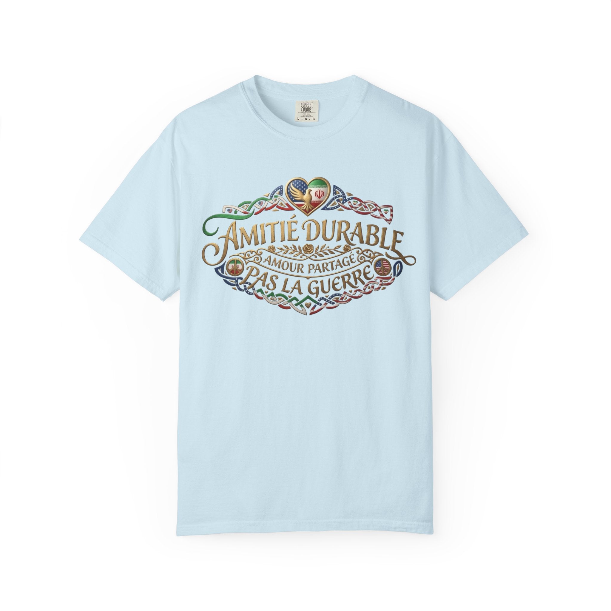 T-Shirt — "Amitié Durable, Amour Partagé, Pas la Guerre" Vintage Peace Heart Design