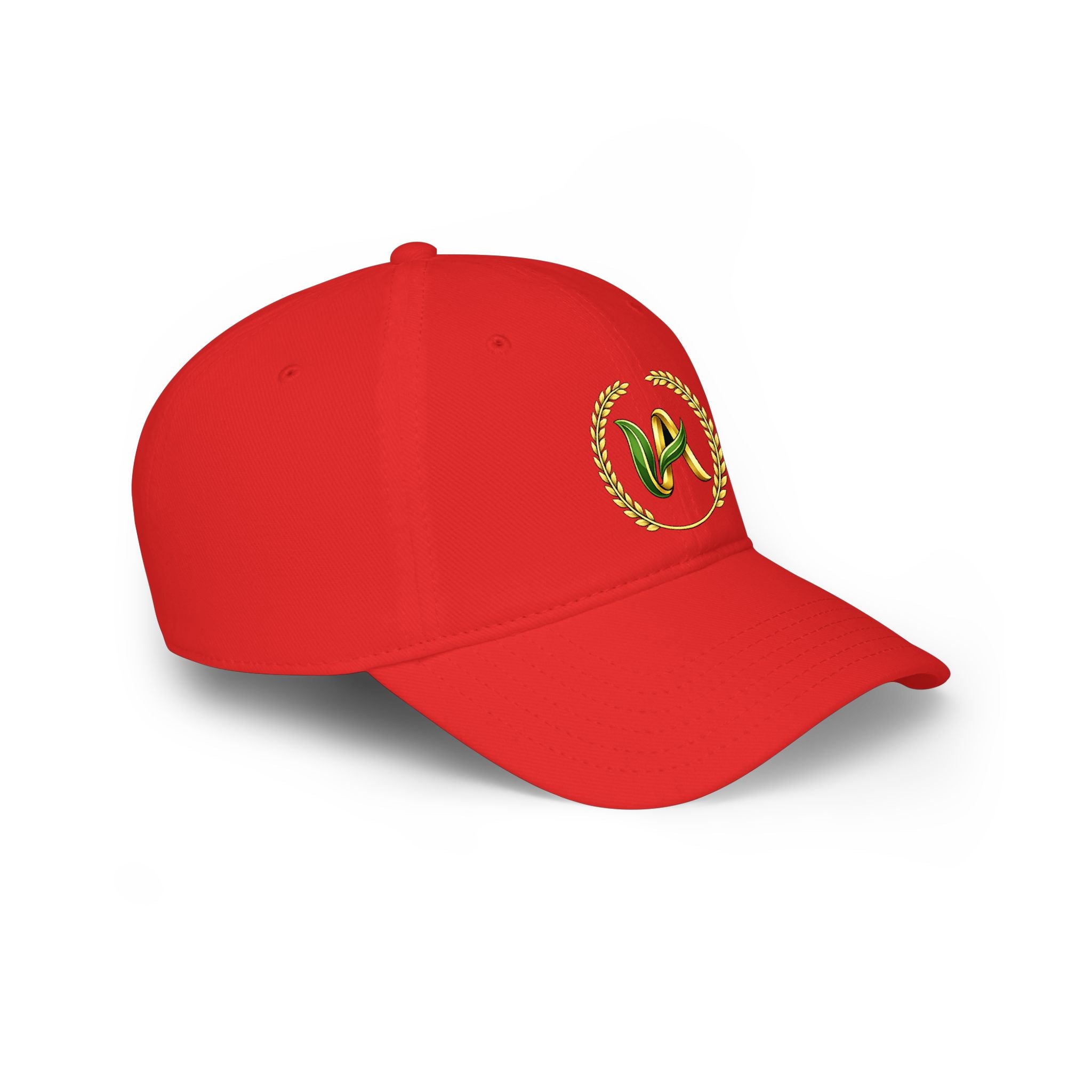 Red Low-Profile Baseball Cap with Golden Laurel & Leaf Embroidery
