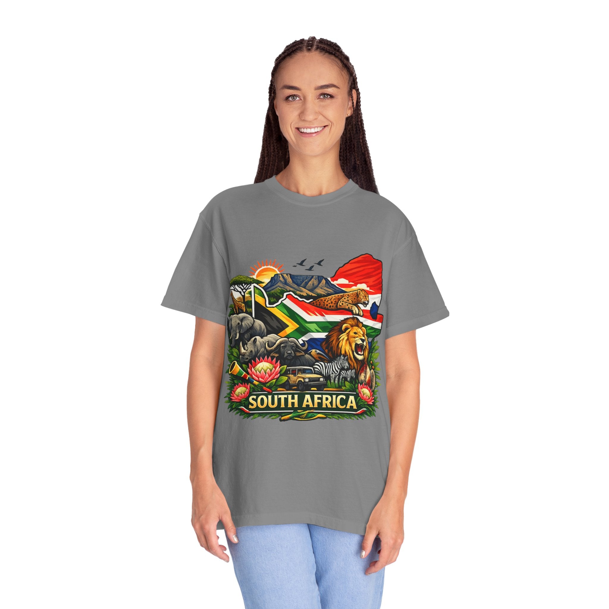 South Africa Wildlife Graphic T-Shirt — Lion, Rhino & Protea Design