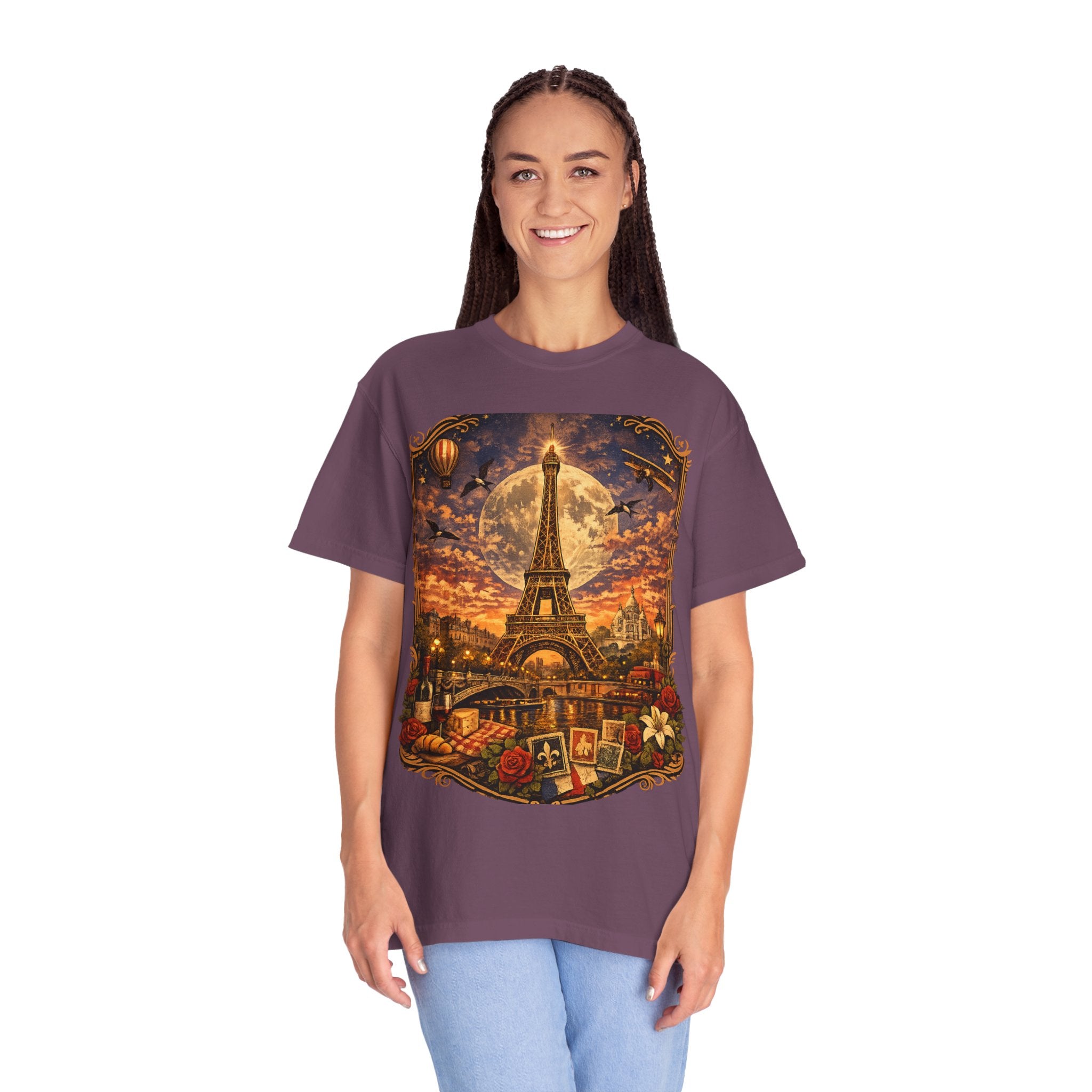 Eiffel Tower Paris Vintage Travel T-Shirt — Moonlit Scenic Souvenir Tee