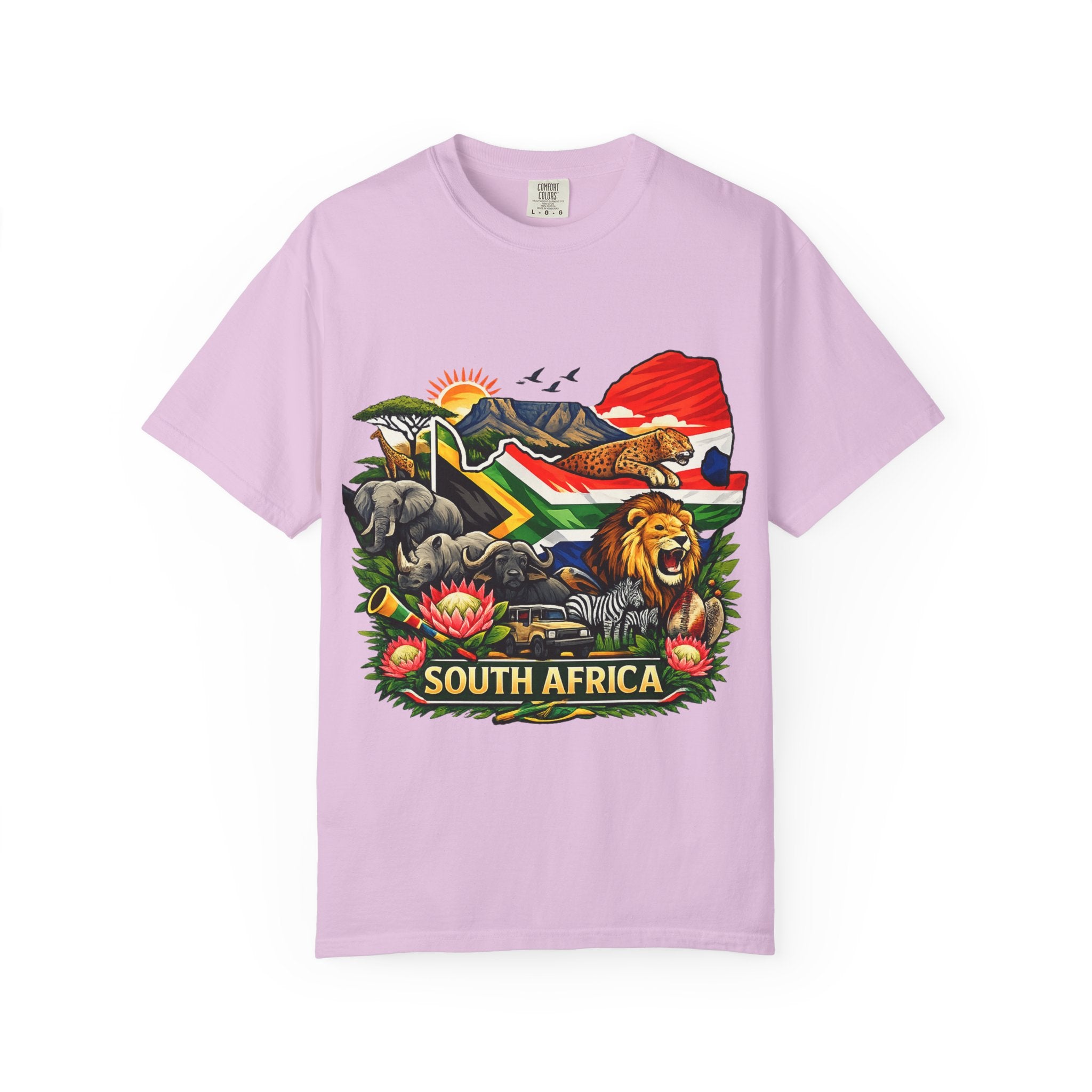 South Africa Wildlife Graphic T-Shirt — Lion, Rhino & Protea Design