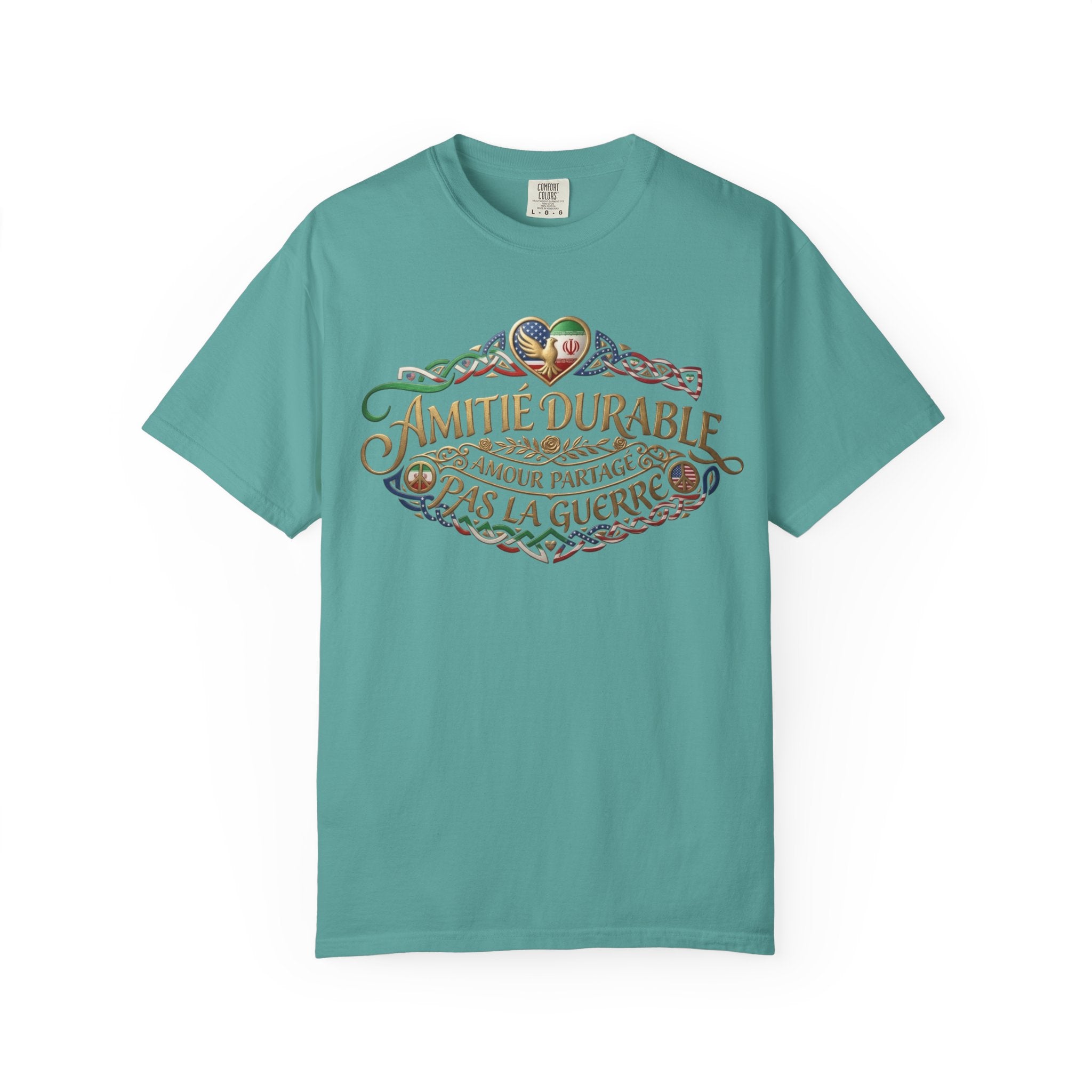 T-Shirt — "Amitié Durable, Amour Partagé, Pas la Guerre" Vintage Peace Heart Design