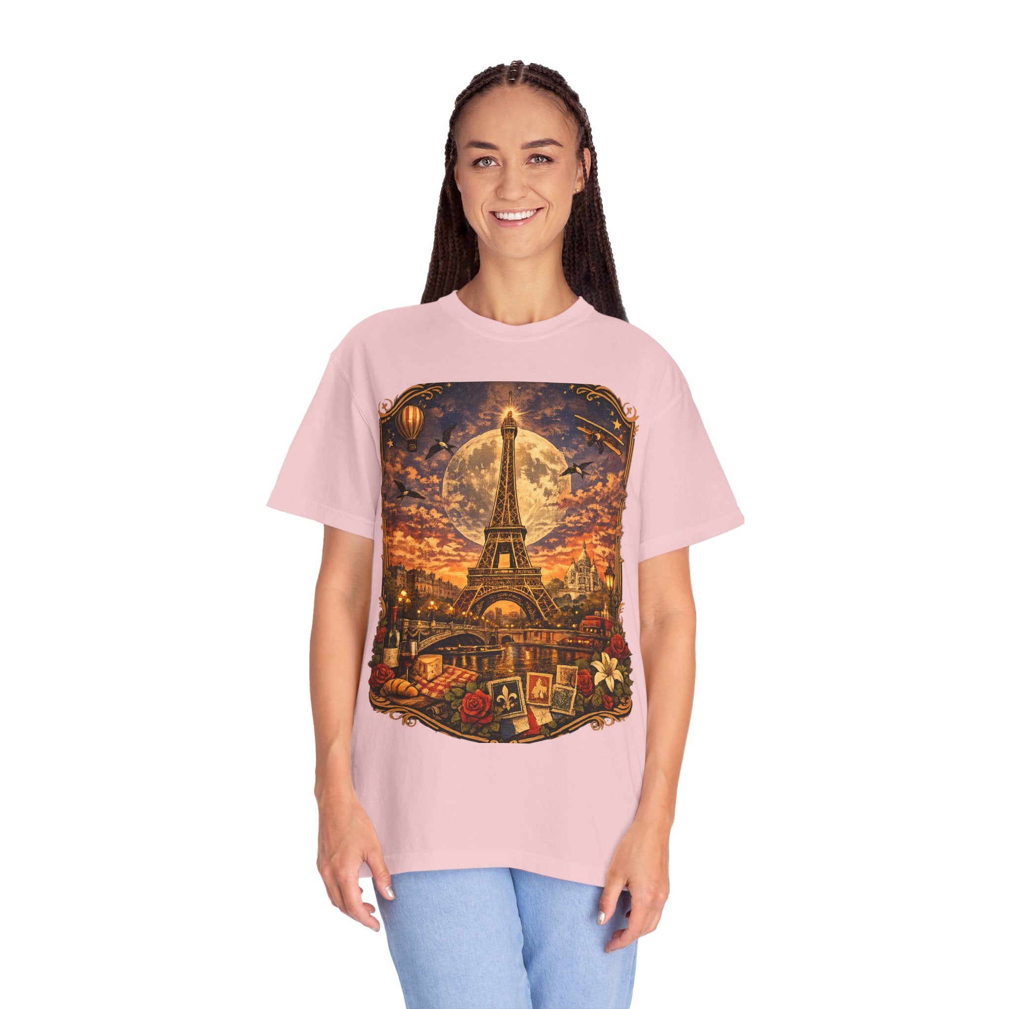 Eiffel Tower Paris Vintage Travel T-Shirt — Moonlit Scenic Souvenir Tee