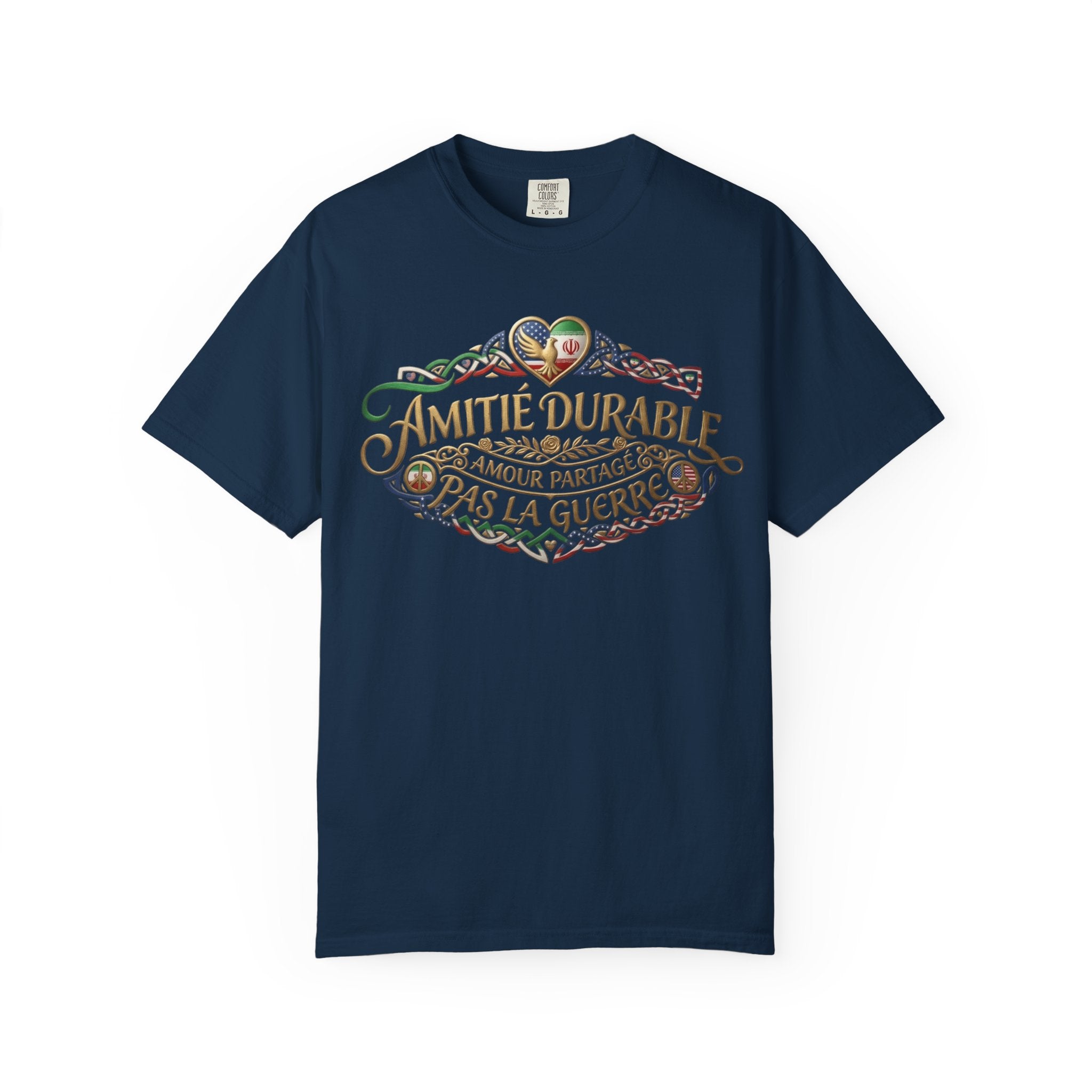 T-Shirt — "Amitié Durable, Amour Partagé, Pas la Guerre" Vintage Peace Heart Design