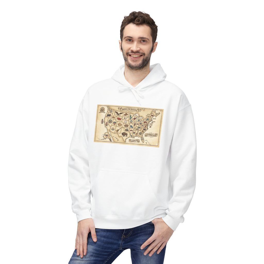 Vintage USA Map Hoodie — Retro Illustrated State Icons Travel Sweatshirt