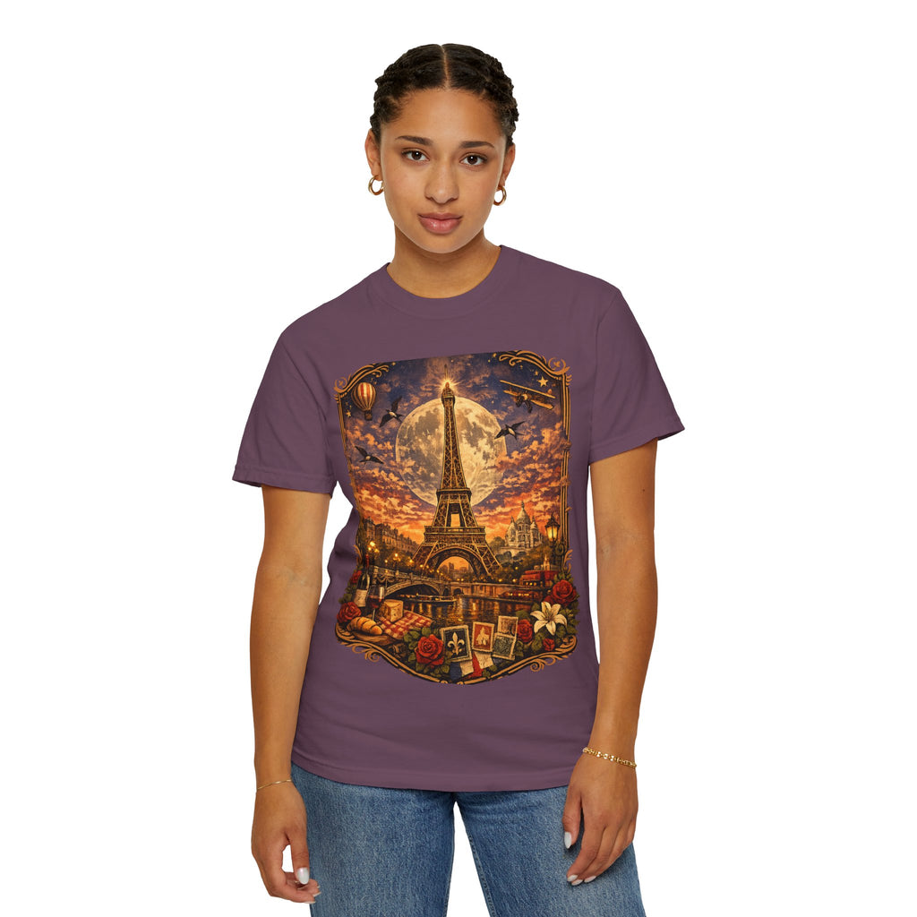Eiffel Tower Paris Vintage Travel T-Shirt — Moonlit Scenic Souvenir Tee