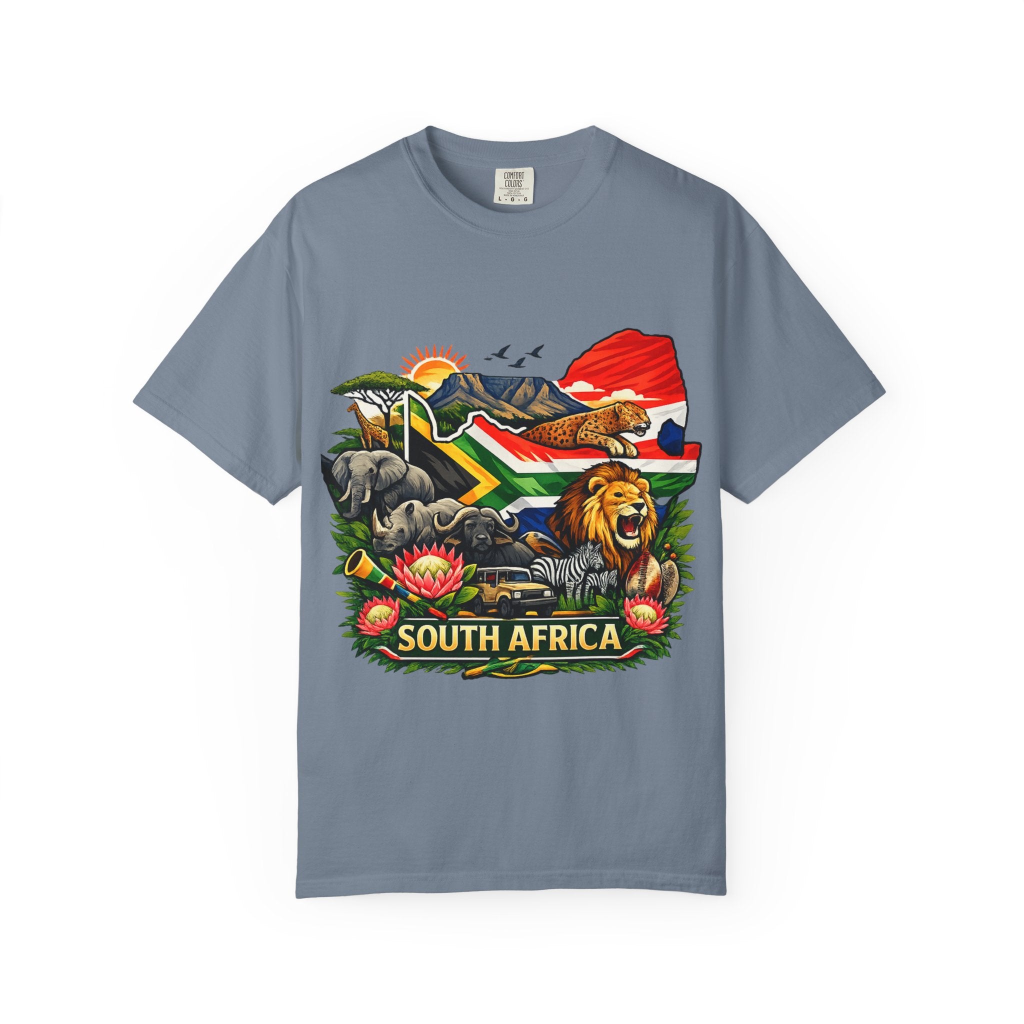South Africa Wildlife Graphic T-Shirt — Lion, Rhino & Protea Design