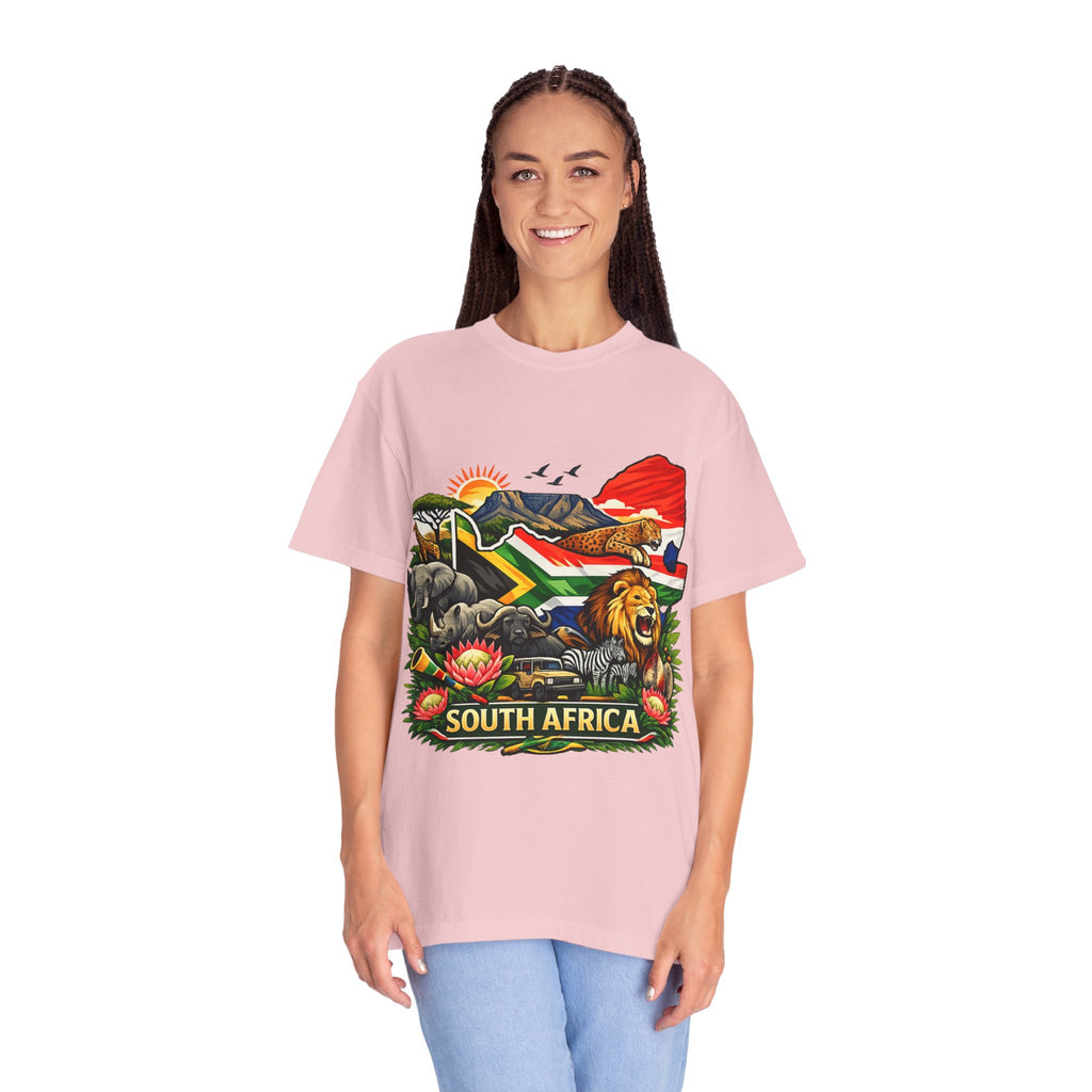 South Africa Wildlife Graphic T-Shirt — Lion, Rhino & Protea Design