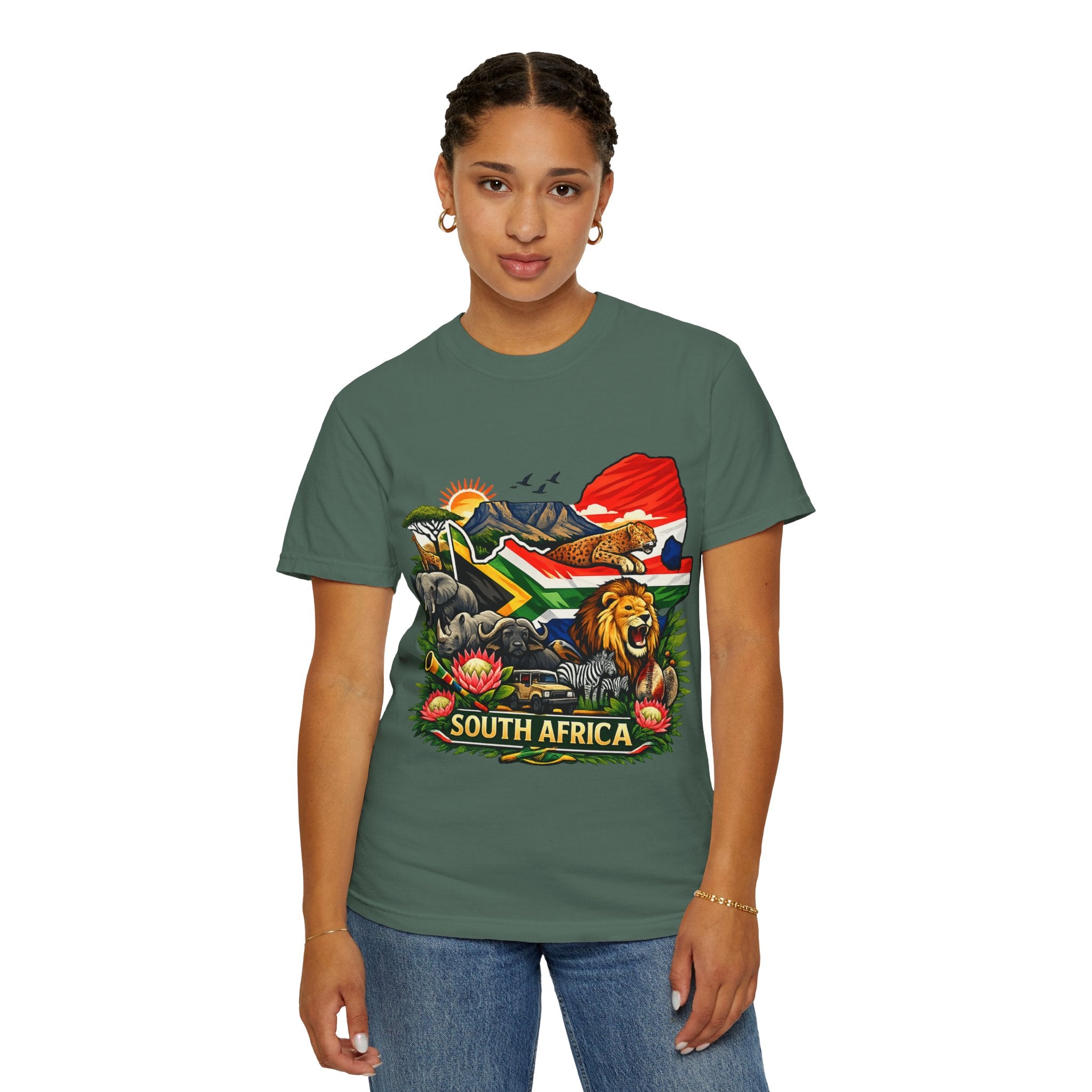 South Africa Wildlife Graphic T-Shirt — Lion, Rhino & Protea Design
