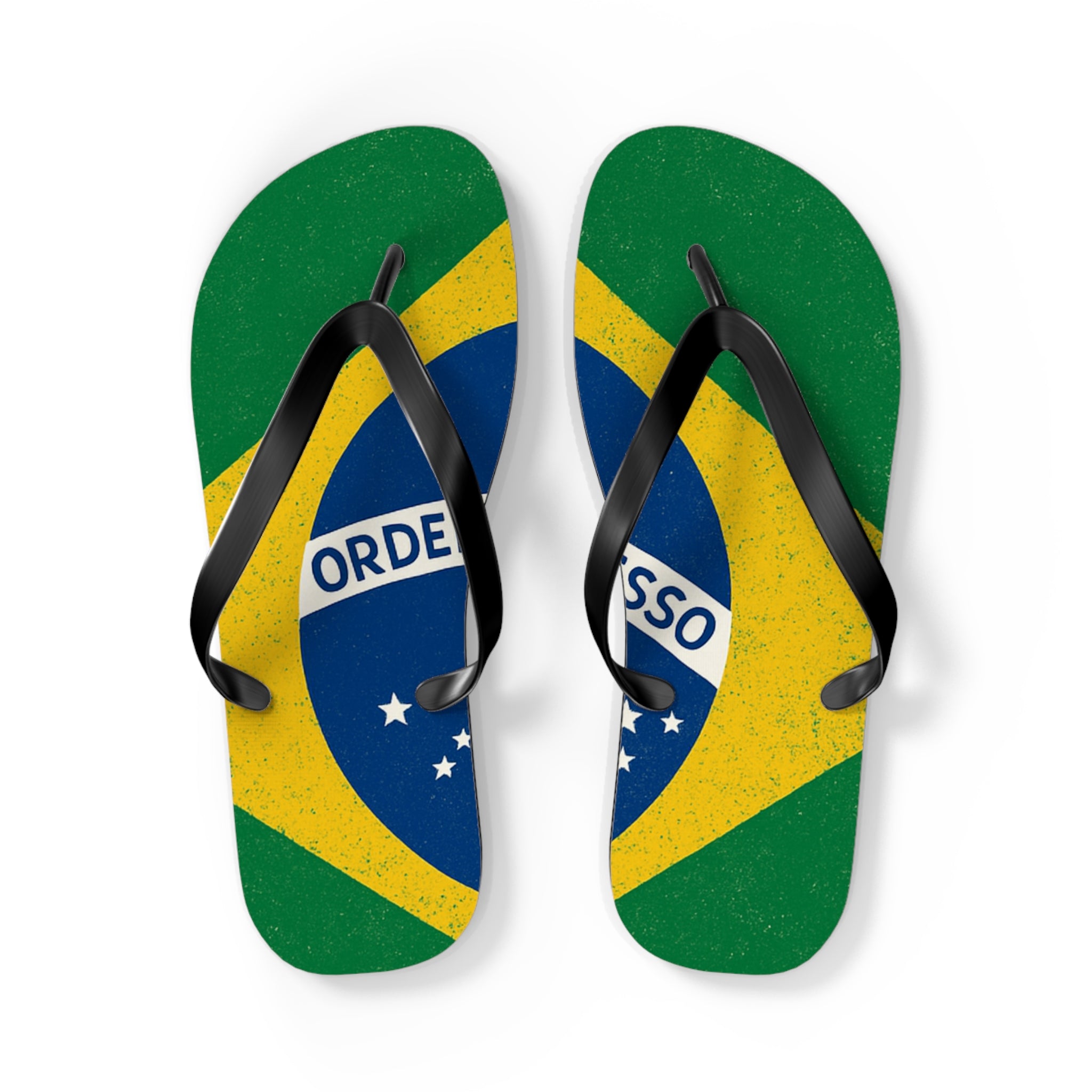 Brazil Flag Flip Flops - Patriotic Beach Sandals with Ordem e Progresso Design