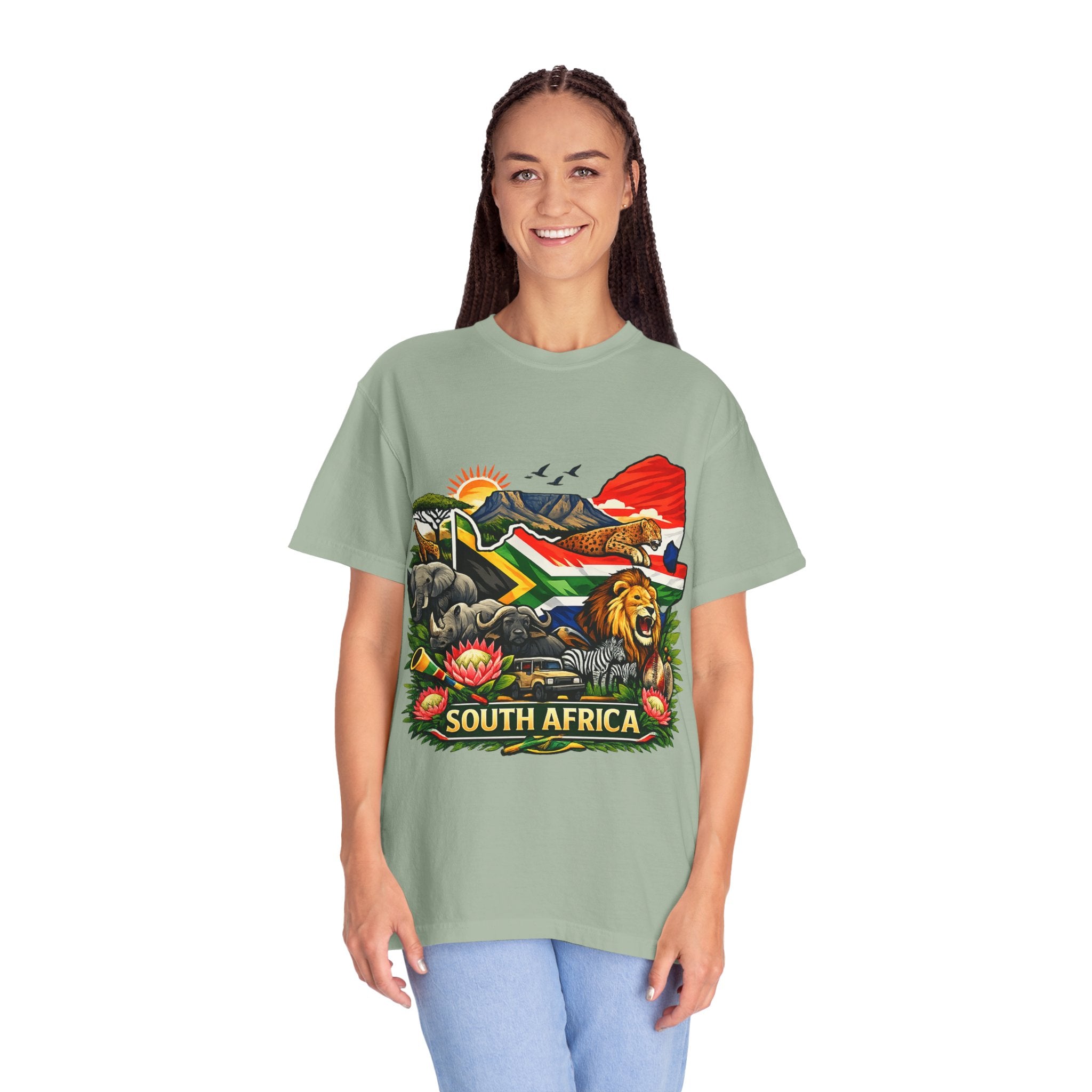 South Africa Wildlife Graphic T-Shirt — Lion, Rhino & Protea Design