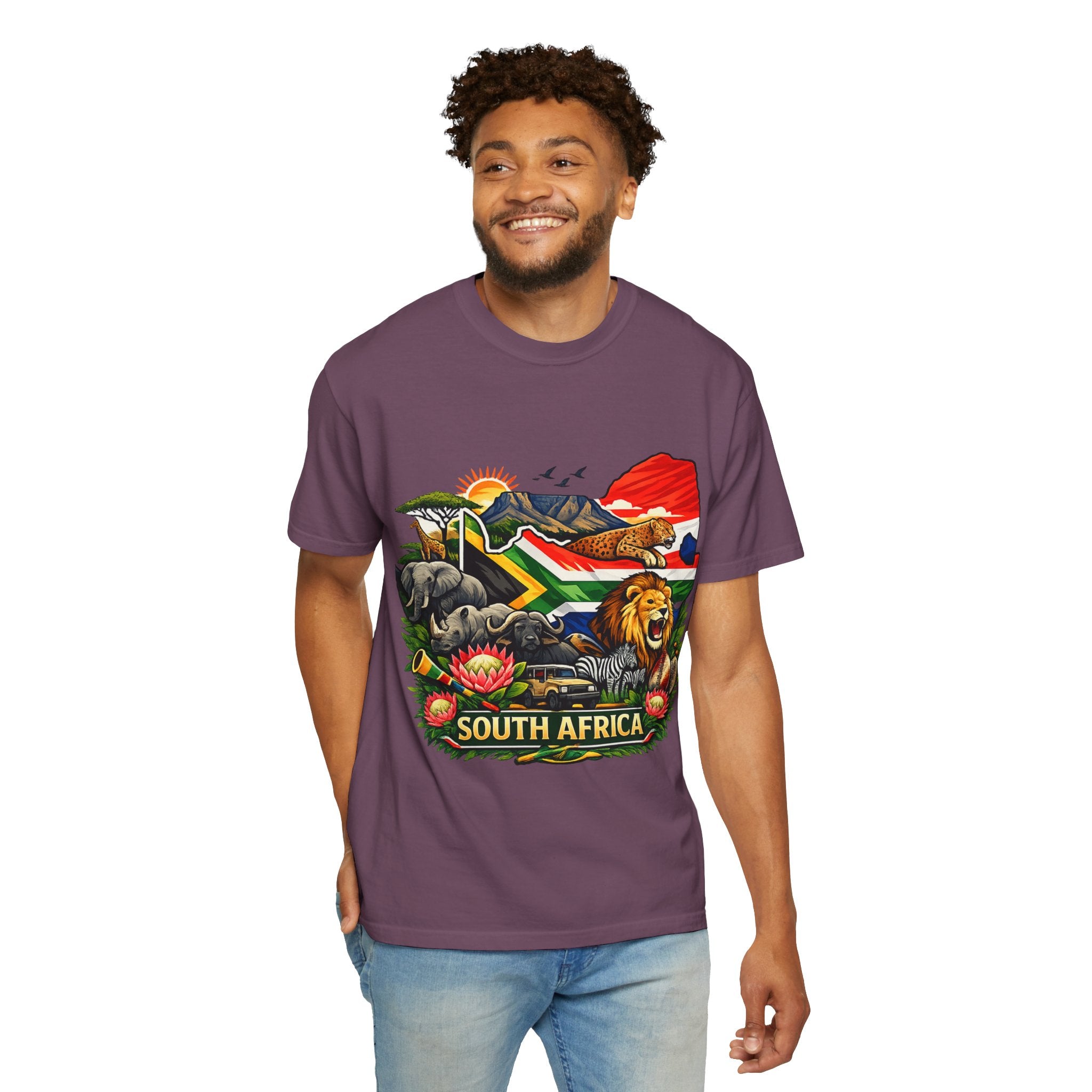 South Africa Wildlife Graphic T-Shirt — Lion, Rhino & Protea Design