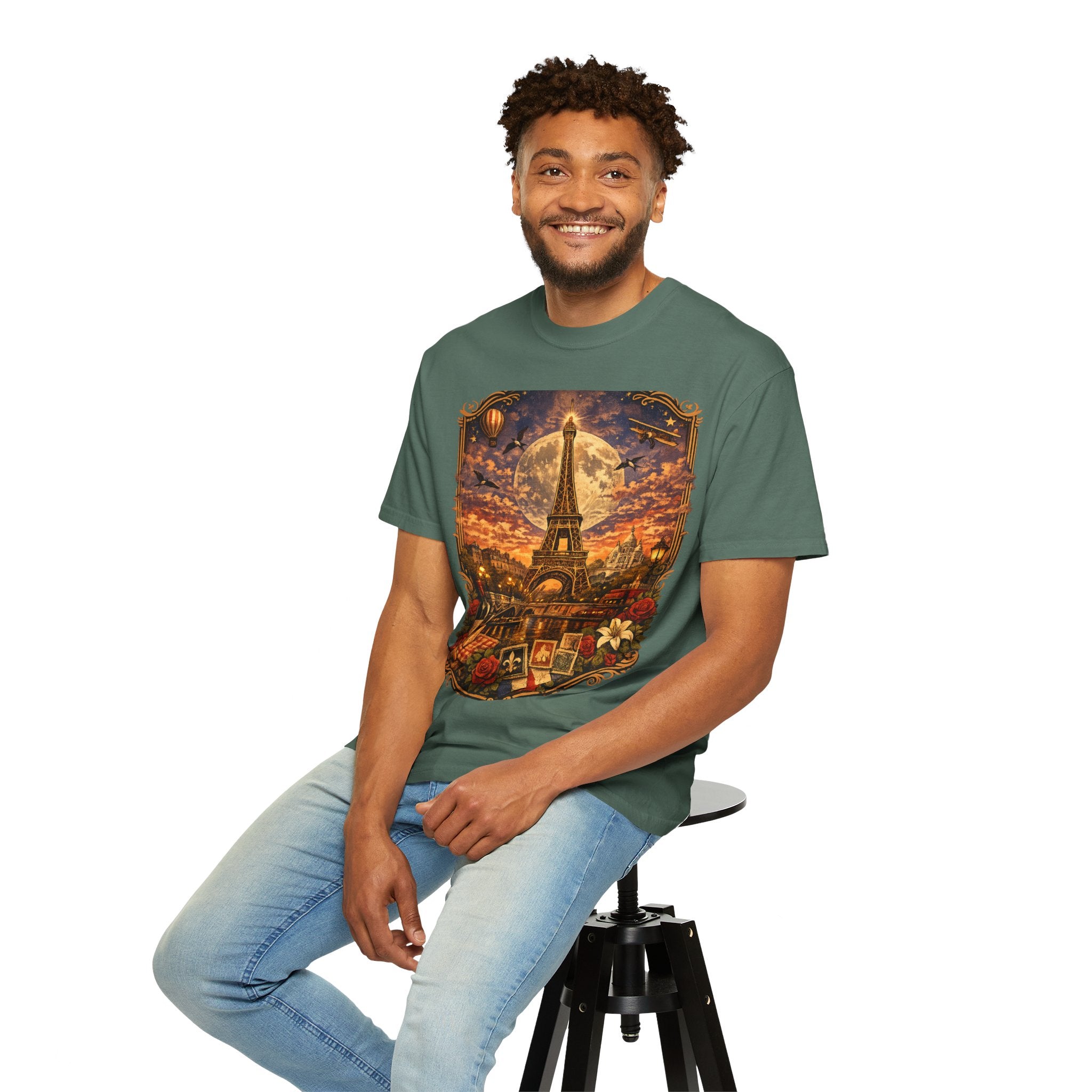 Eiffel Tower Paris Vintage Travel T-Shirt — Moonlit Scenic Souvenir Tee