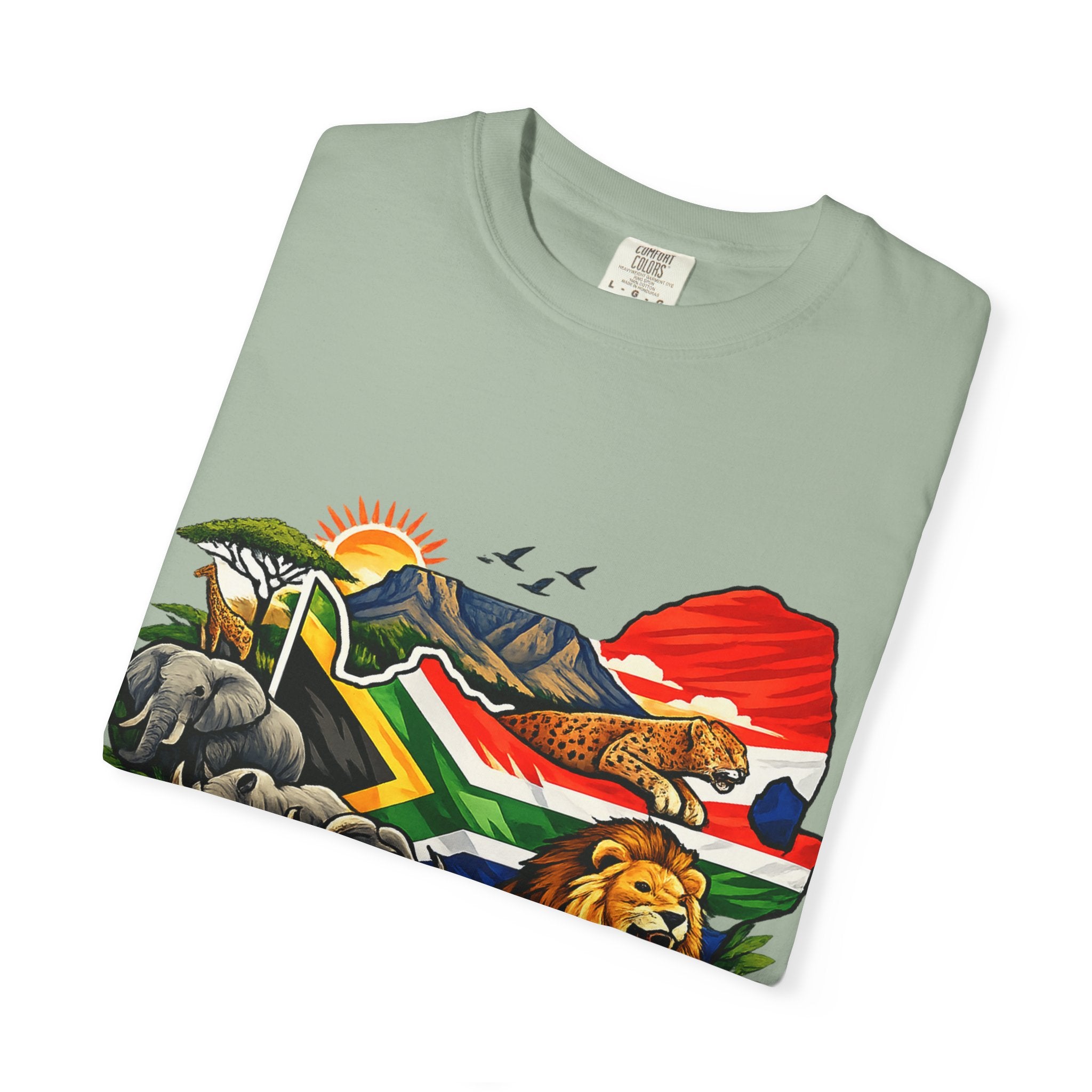 South Africa Wildlife Graphic T-Shirt — Lion, Rhino & Protea Design