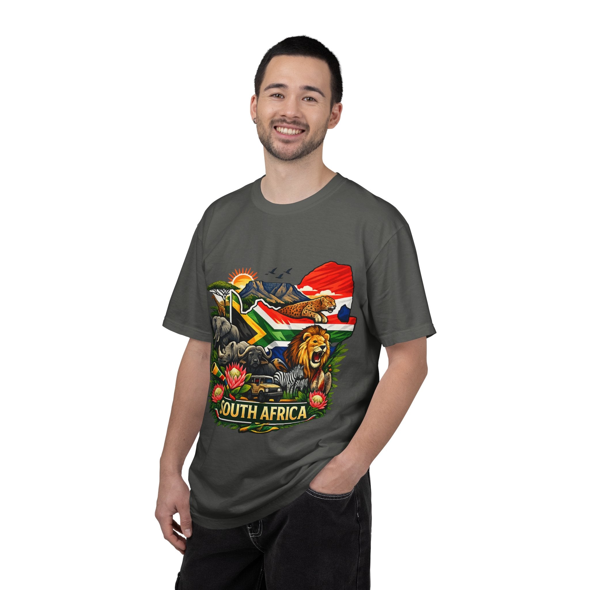 South Africa Wildlife Graphic T-Shirt — Lion, Rhino & Protea Design