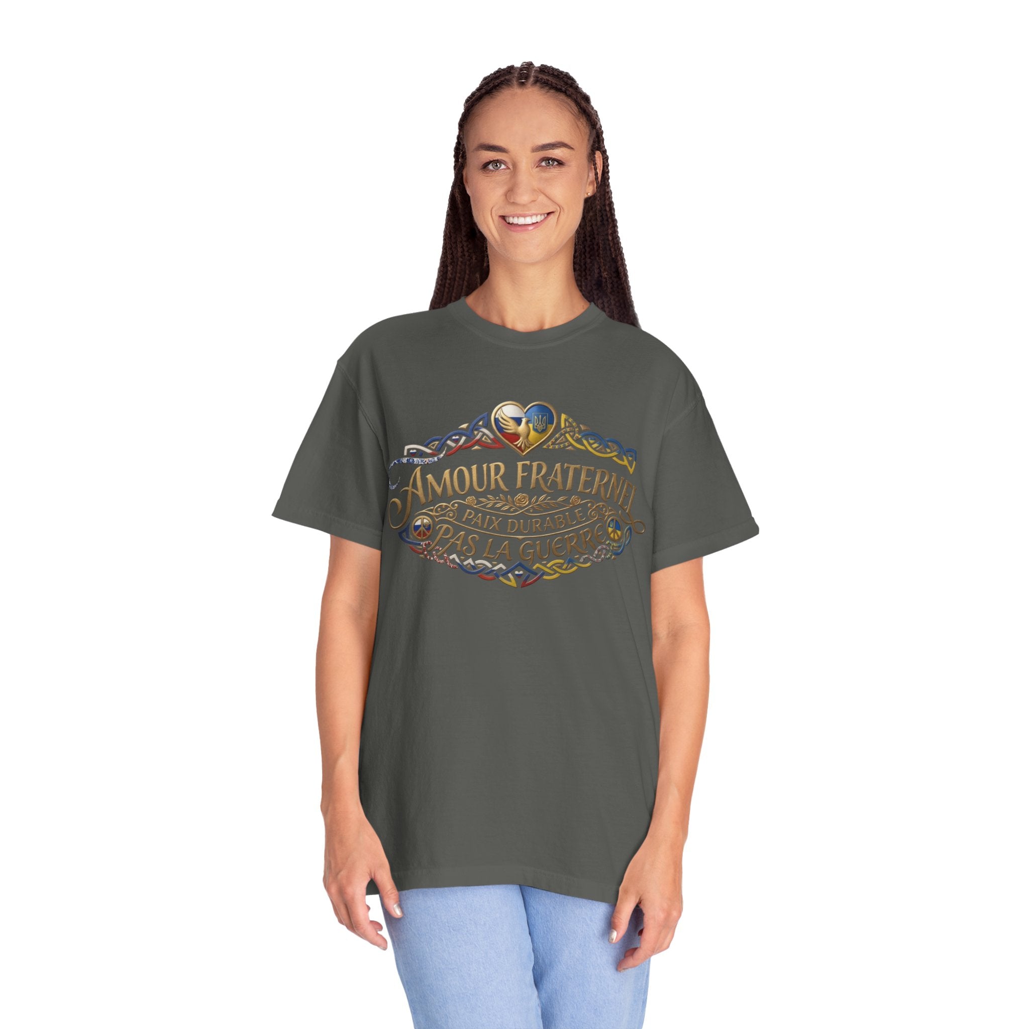 T-Shirt — Amour Fraternel "Paix Durable Pas La Guerre" Vintage Heart Peace Design