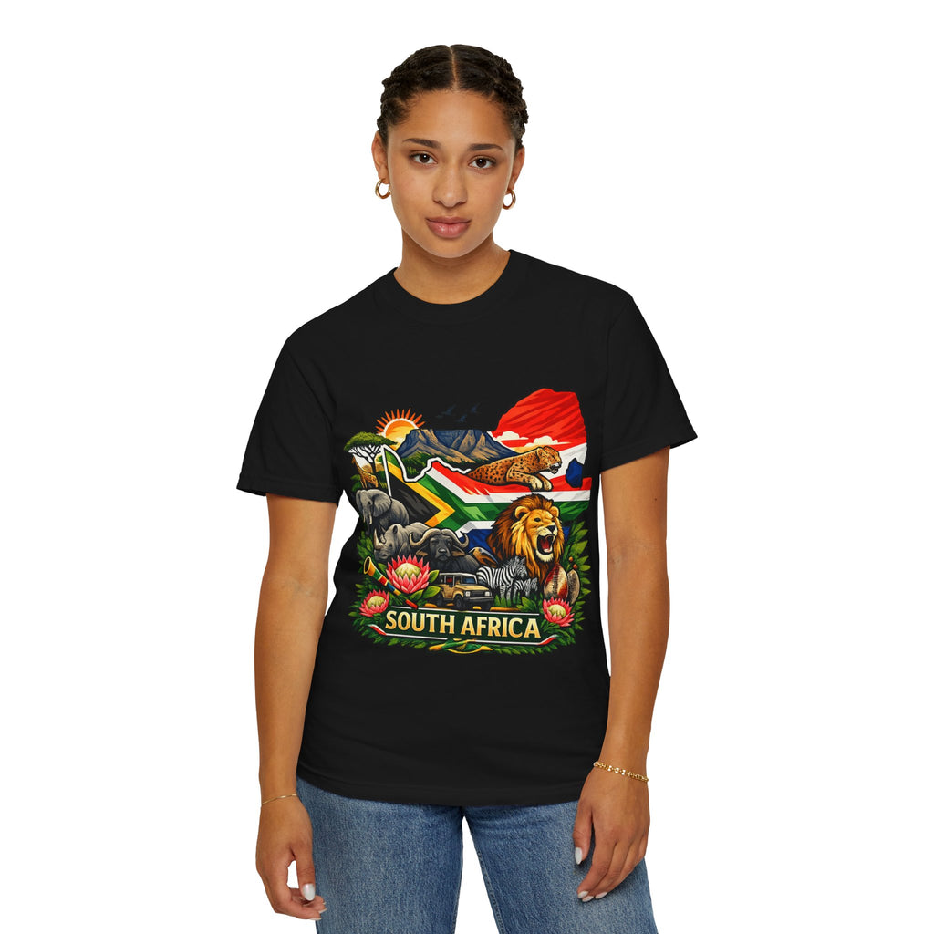 South Africa Wildlife Graphic T-Shirt — Lion, Rhino & Protea Design