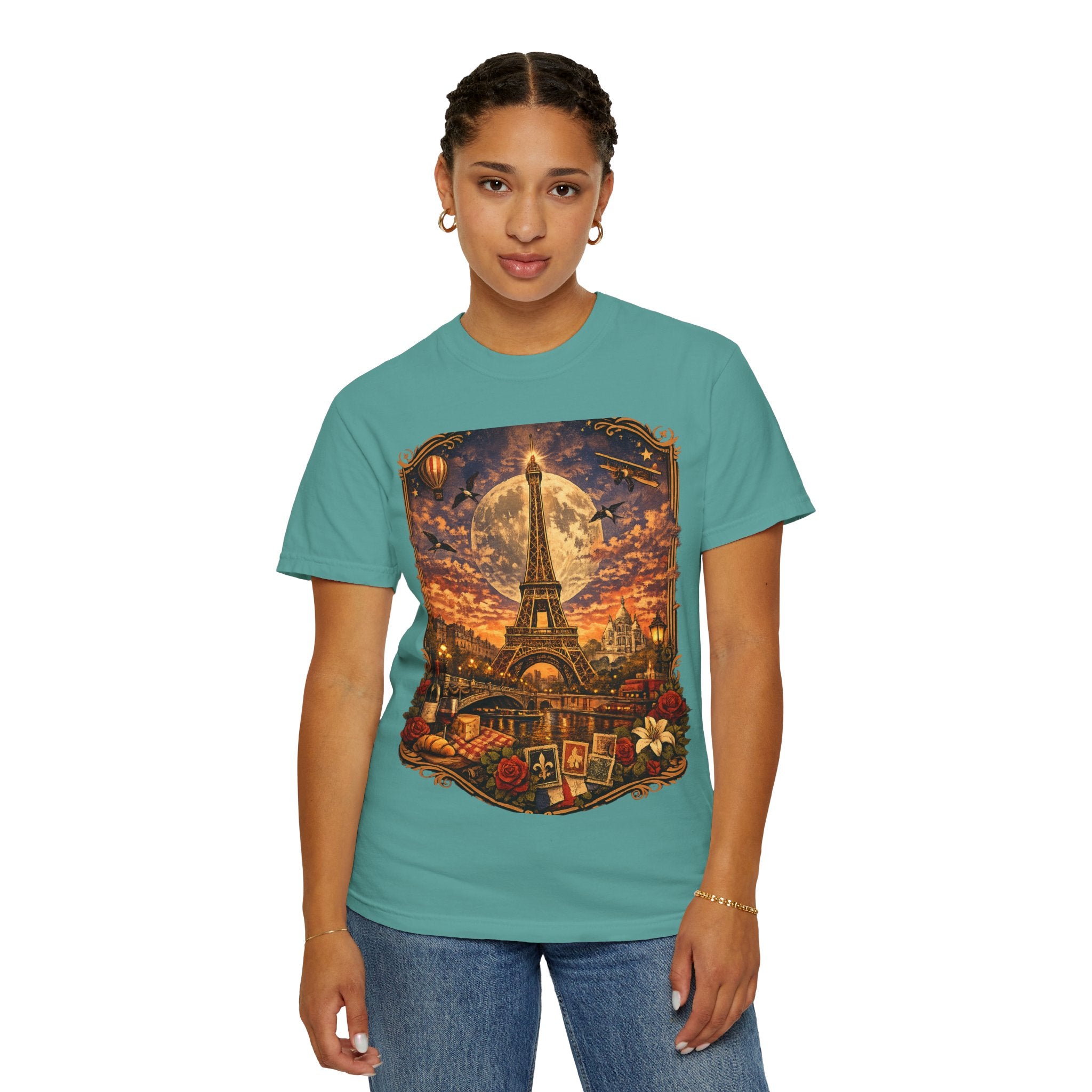 Eiffel Tower Paris Vintage Travel T-Shirt — Moonlit Scenic Souvenir Tee