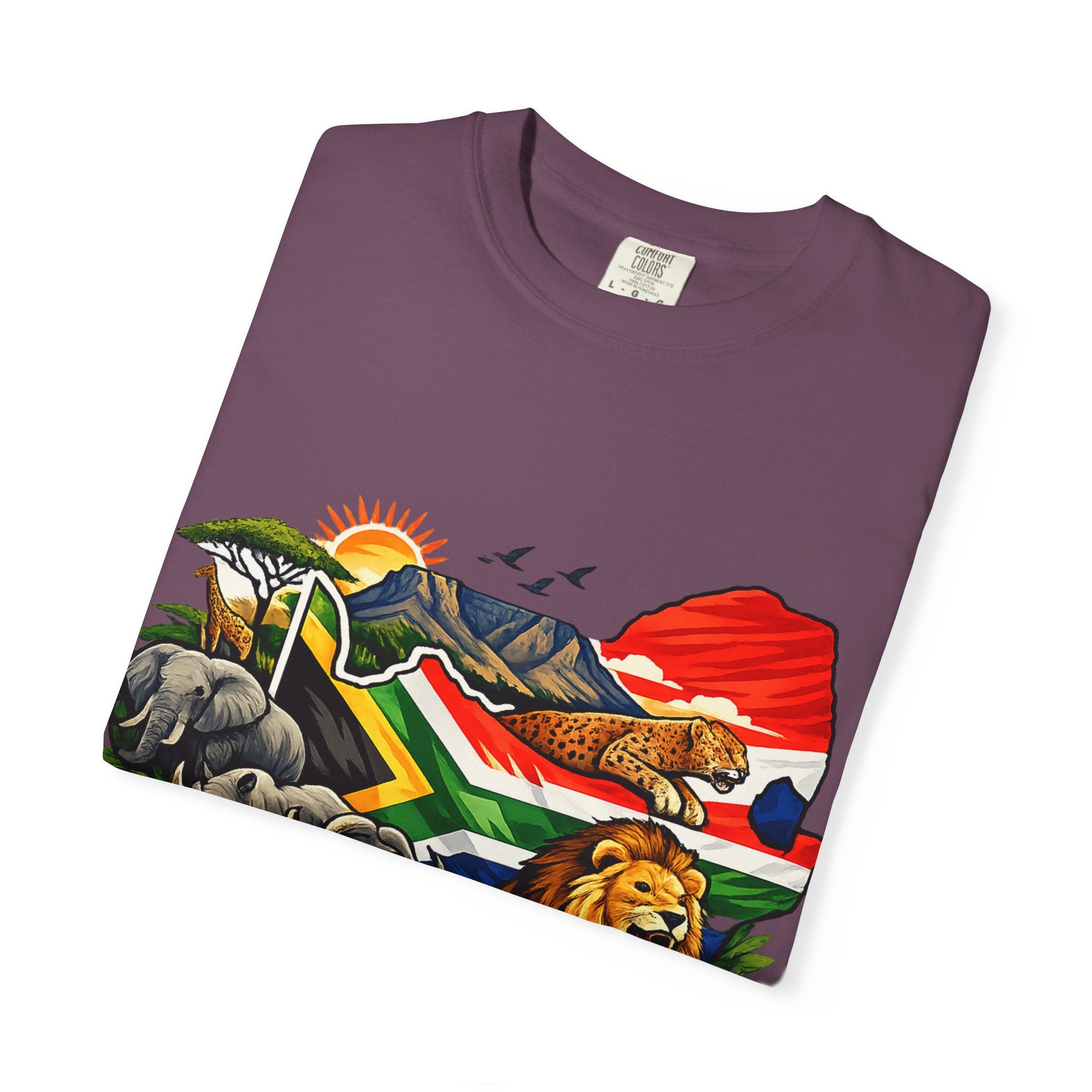 South Africa Wildlife Graphic T-Shirt — Lion, Rhino & Protea Design