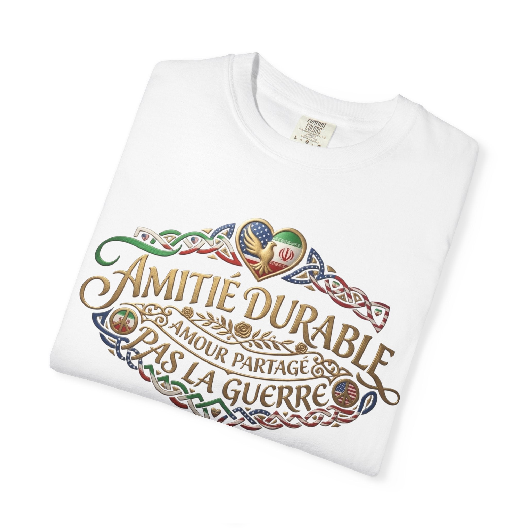 T-Shirt — "Amitié Durable, Amour Partagé, Pas la Guerre" Vintage Peace Heart Design