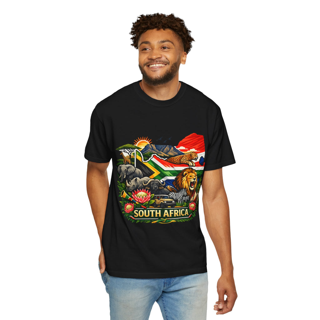 South Africa Wildlife Graphic T-Shirt — Lion, Rhino & Protea Design