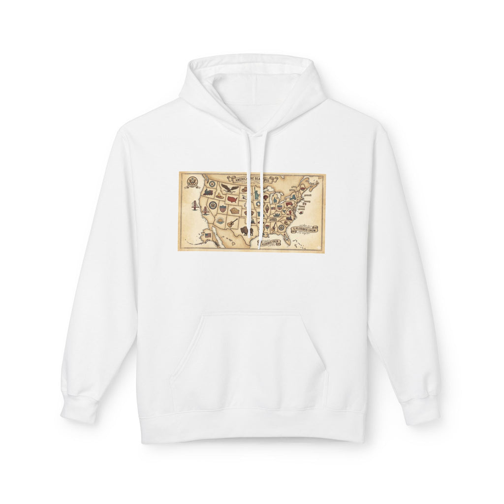 Vintage USA Map Hoodie — Retro Illustrated State Icons Travel Sweatshirt