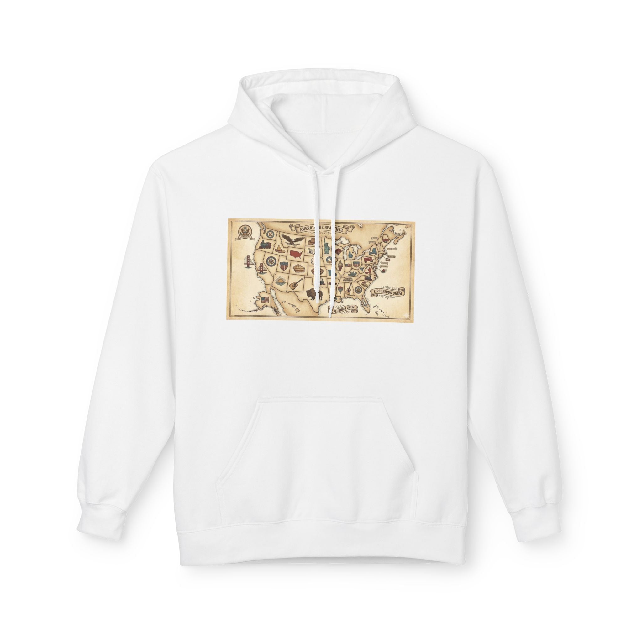 Vintage USA Map Hoodie — Retro Illustrated State Icons Travel Sweatshirt