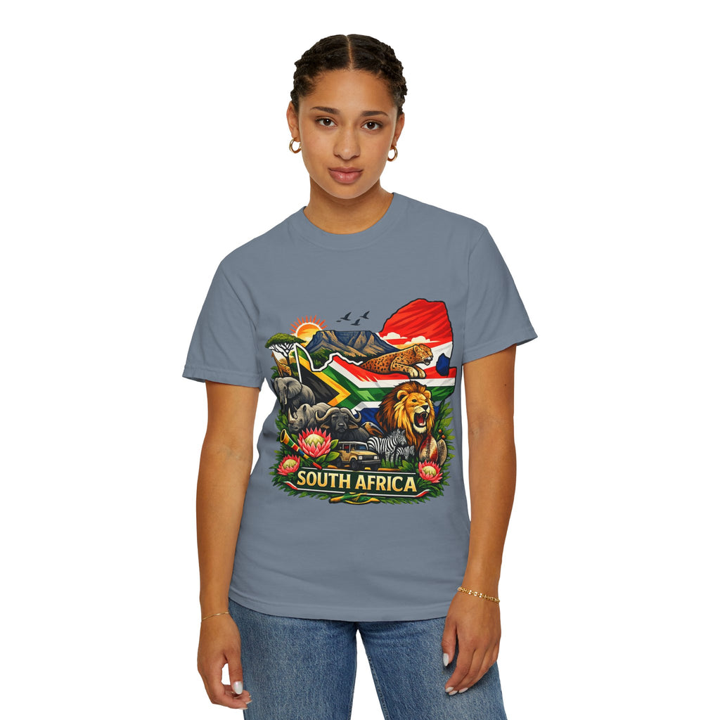 South Africa Wildlife Graphic T-Shirt — Lion, Rhino & Protea Design