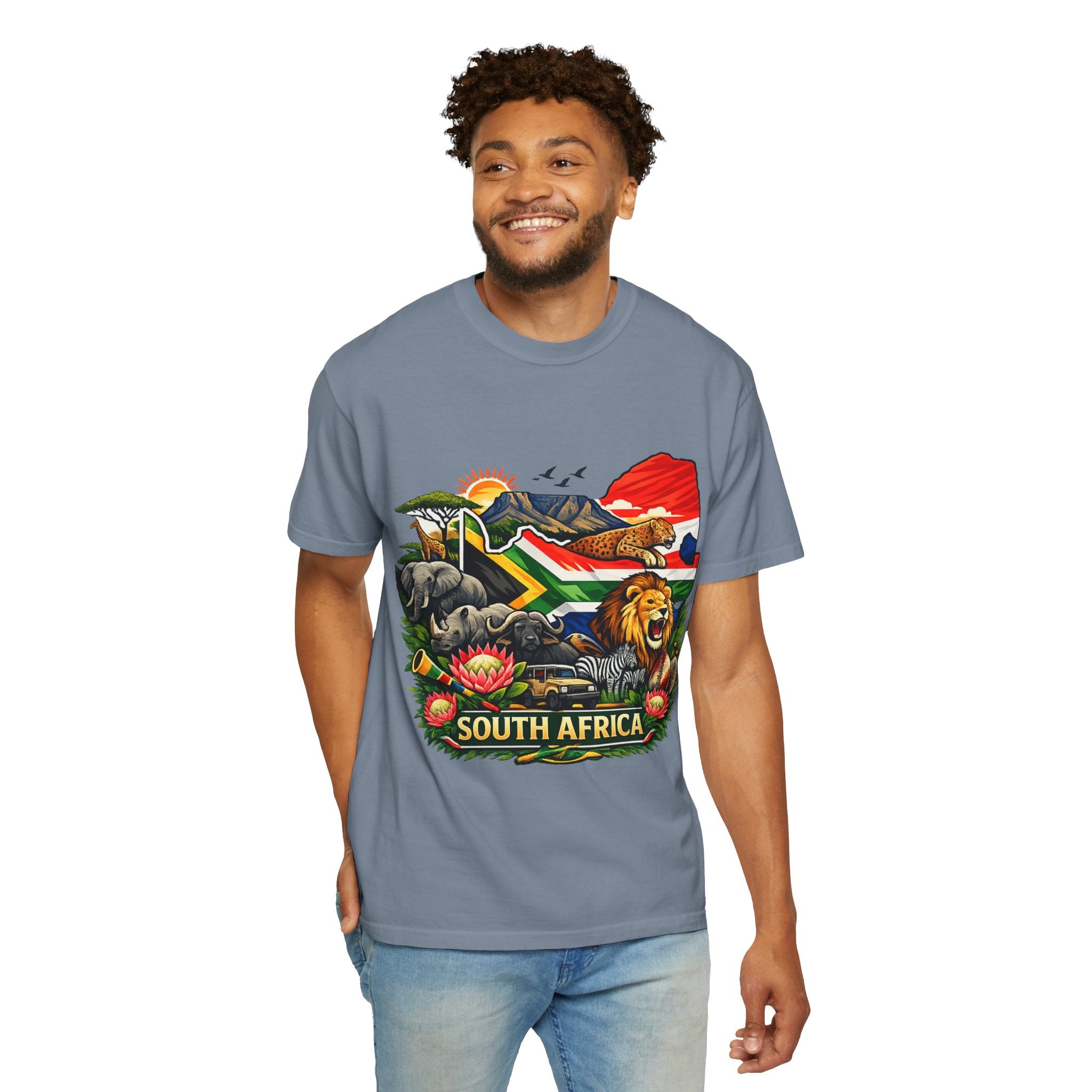 South Africa Wildlife Graphic T-Shirt — Lion, Rhino & Protea Design