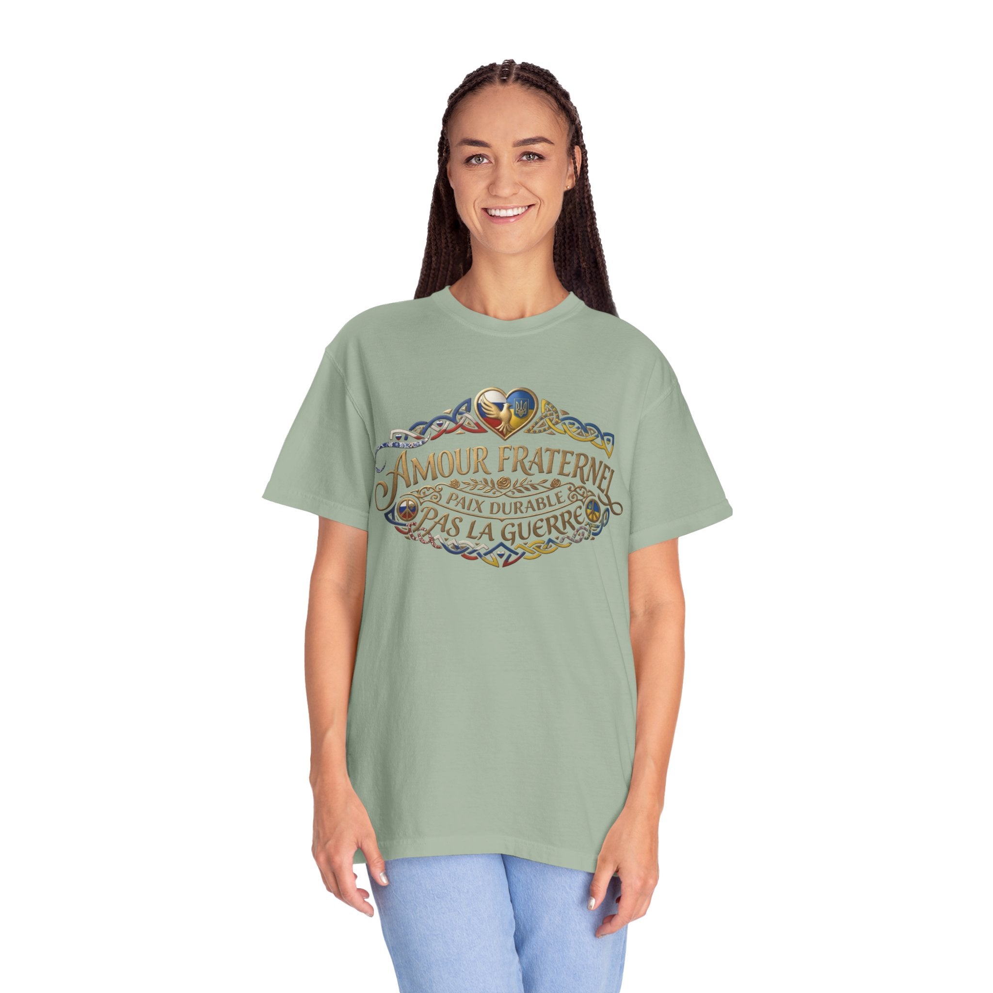 T-Shirt — Amour Fraternel "Paix Durable Pas La Guerre" Vintage Heart Peace Design