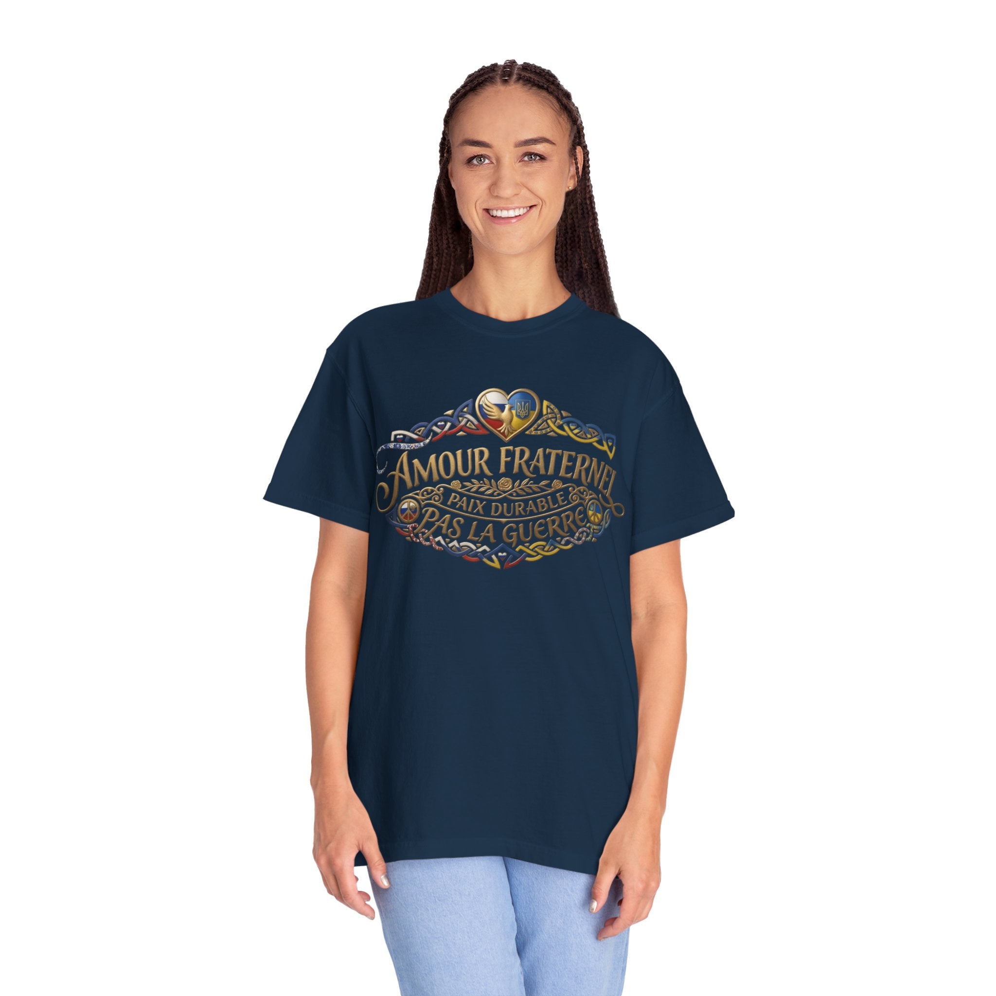 T-Shirt — Amour Fraternel "Paix Durable Pas La Guerre" Vintage Heart Peace Design