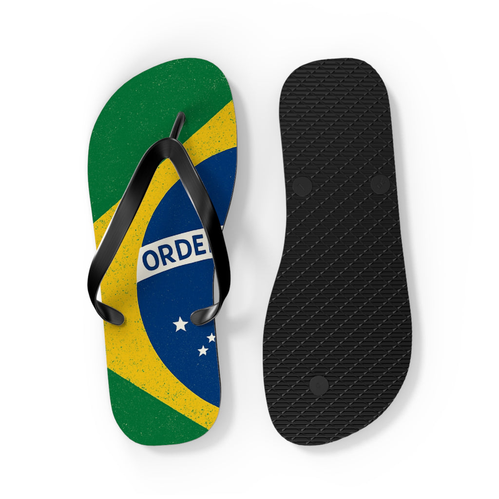 Brazil Flag Flip Flops - Patriotic Beach Sandals with Ordem e Progresso Design