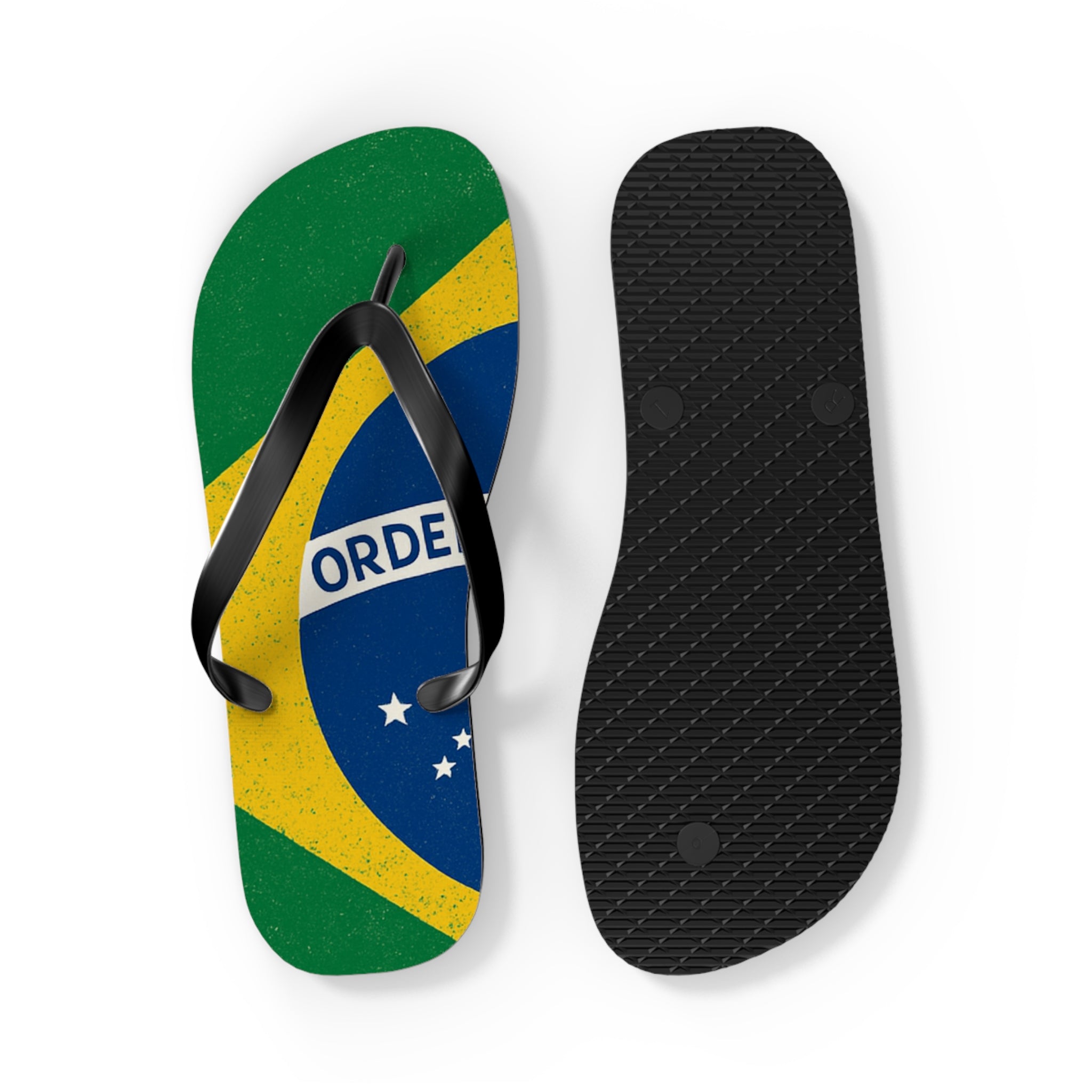 Brazil Flag Flip Flops - Patriotic Beach Sandals with Ordem e Progresso Design